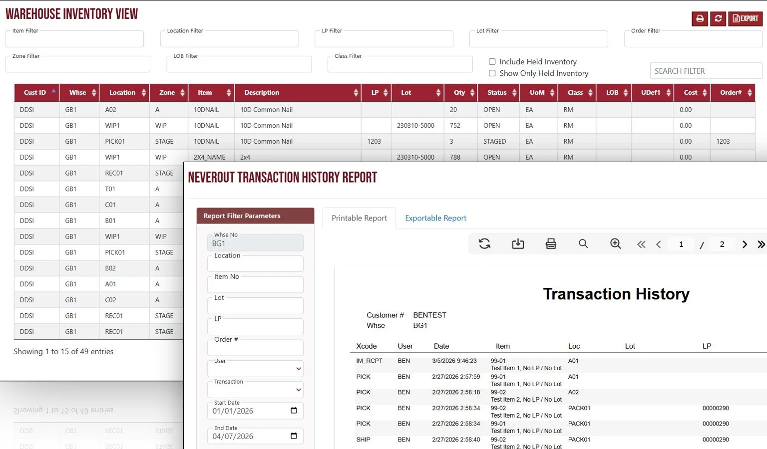 NeverOut WMS screenshot displaying inventory grid and transaction history for warehouse tracking.