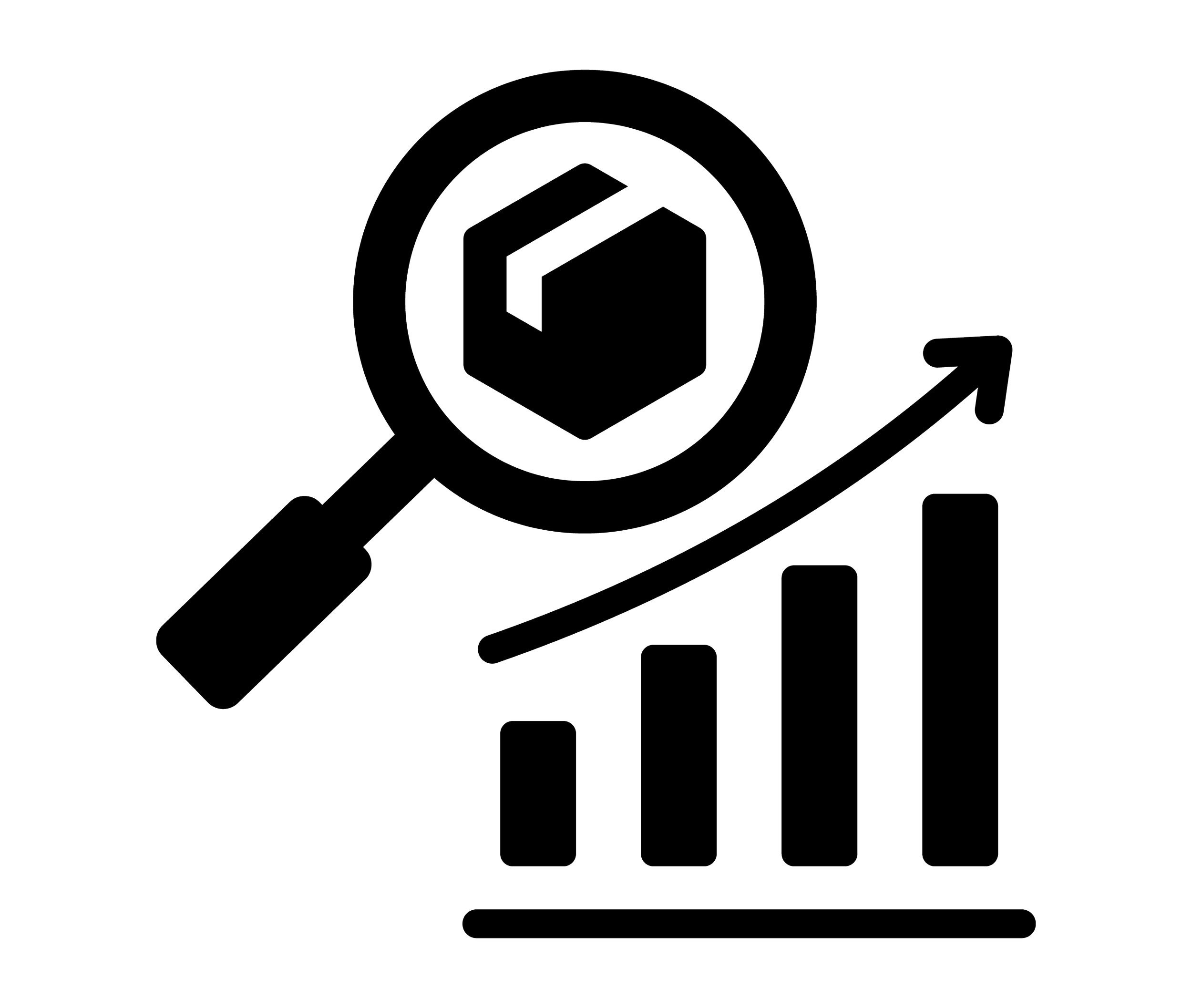 Icon of magnifying glass over package, rising arrow, and bar chart representing inventory accuracy.