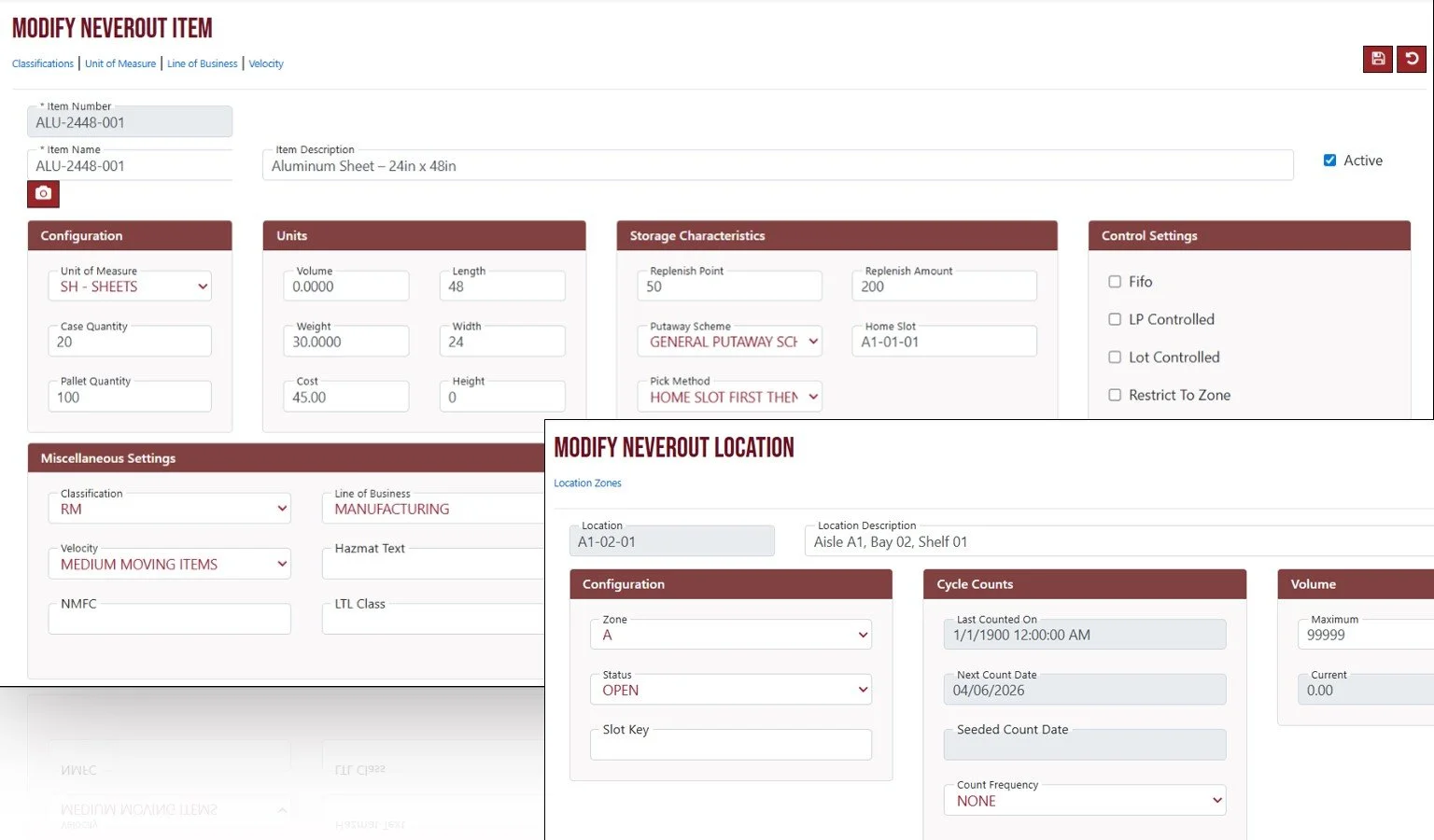 NeverOut WMS screenshot showing item and location setup screens for inventory management.
