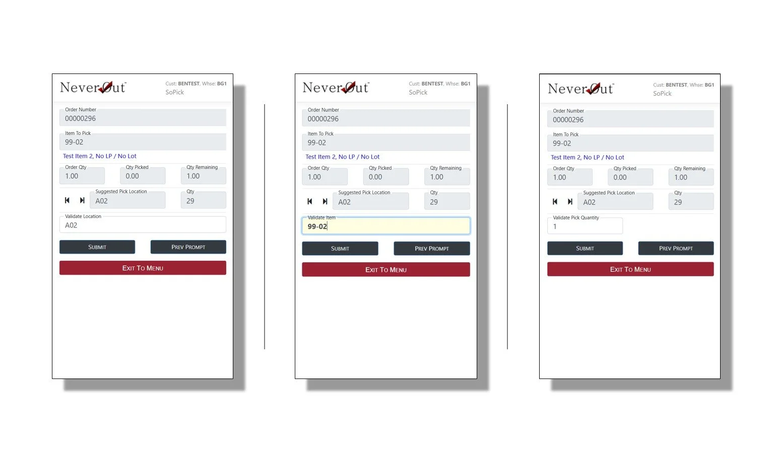 NeverOut WMS screenshot showing outbound order picking workflow for efficient shipping.