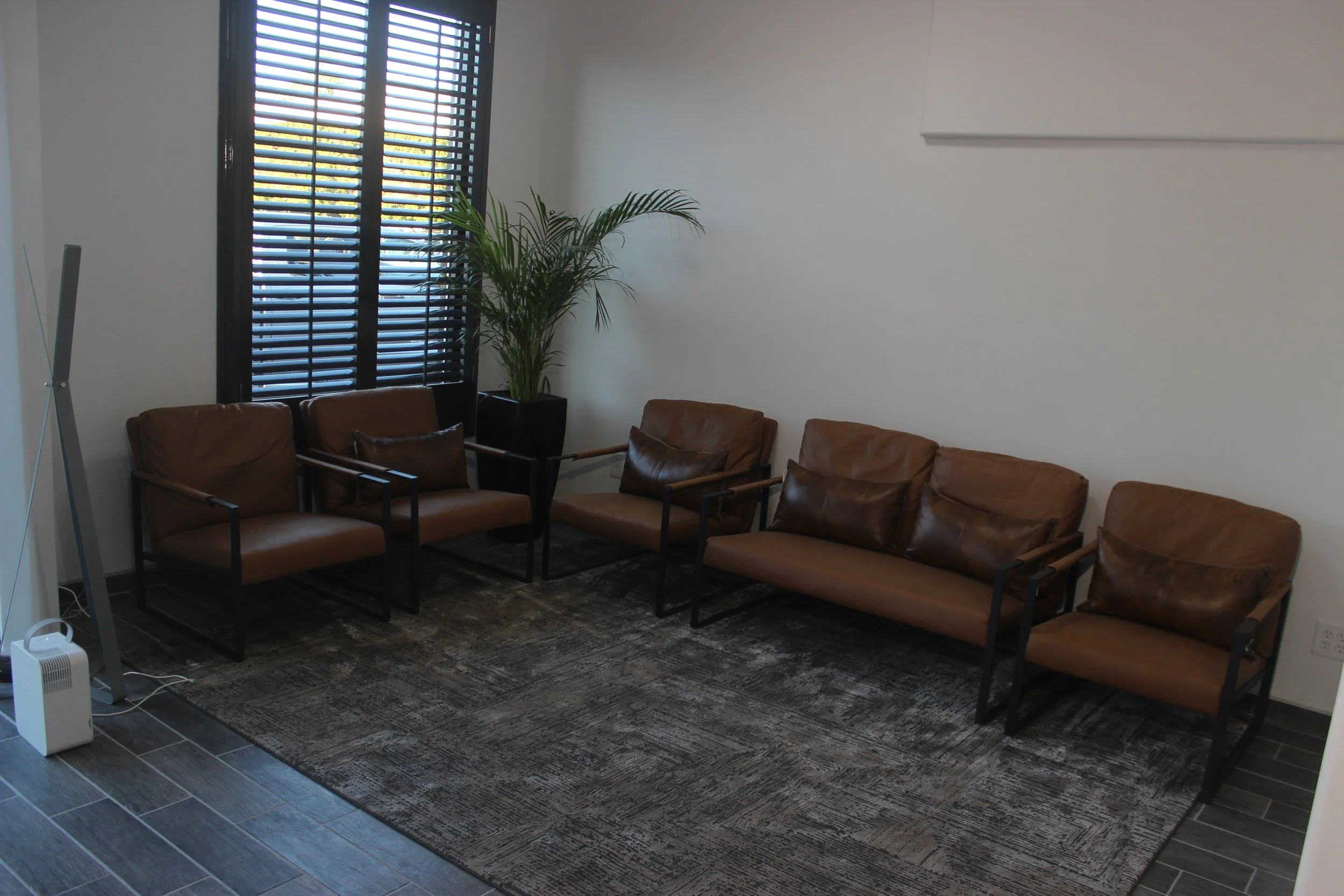 Sala de espera comoda con cinco sillones de cuero y un macetero con planta junto a la ventana con persianas negras