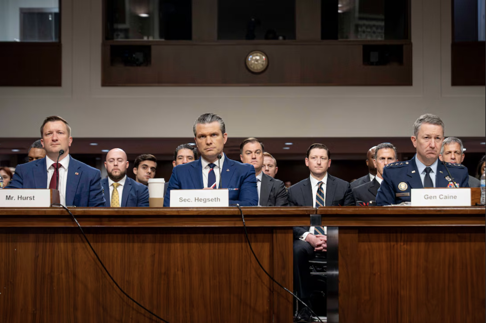  Secretary of War Pete Hegseth, General Dan Caine, and Jules Hurst testifying on the department's fiscal 2027 budget request in front of the Senate Armed Services Committee. 
