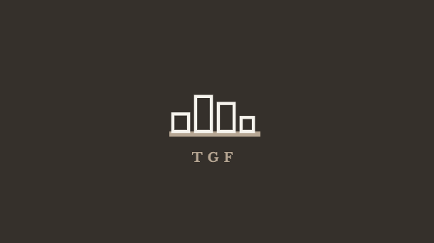 Stylized bar graph with three bars of varying heights and initials 'TGF' below, on a dark background.