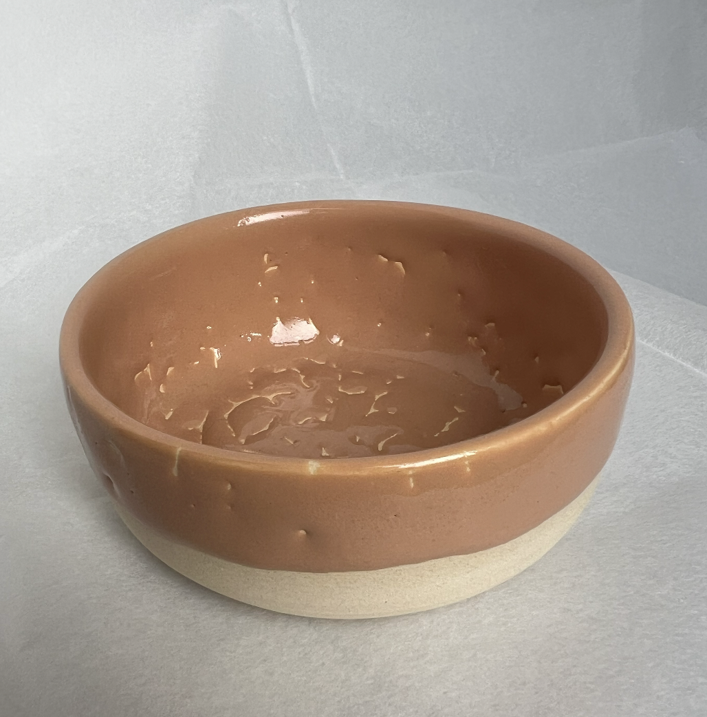 A small, round ceramic bowl with a light tan bottom and a darker tan rim, placed on a white surface.