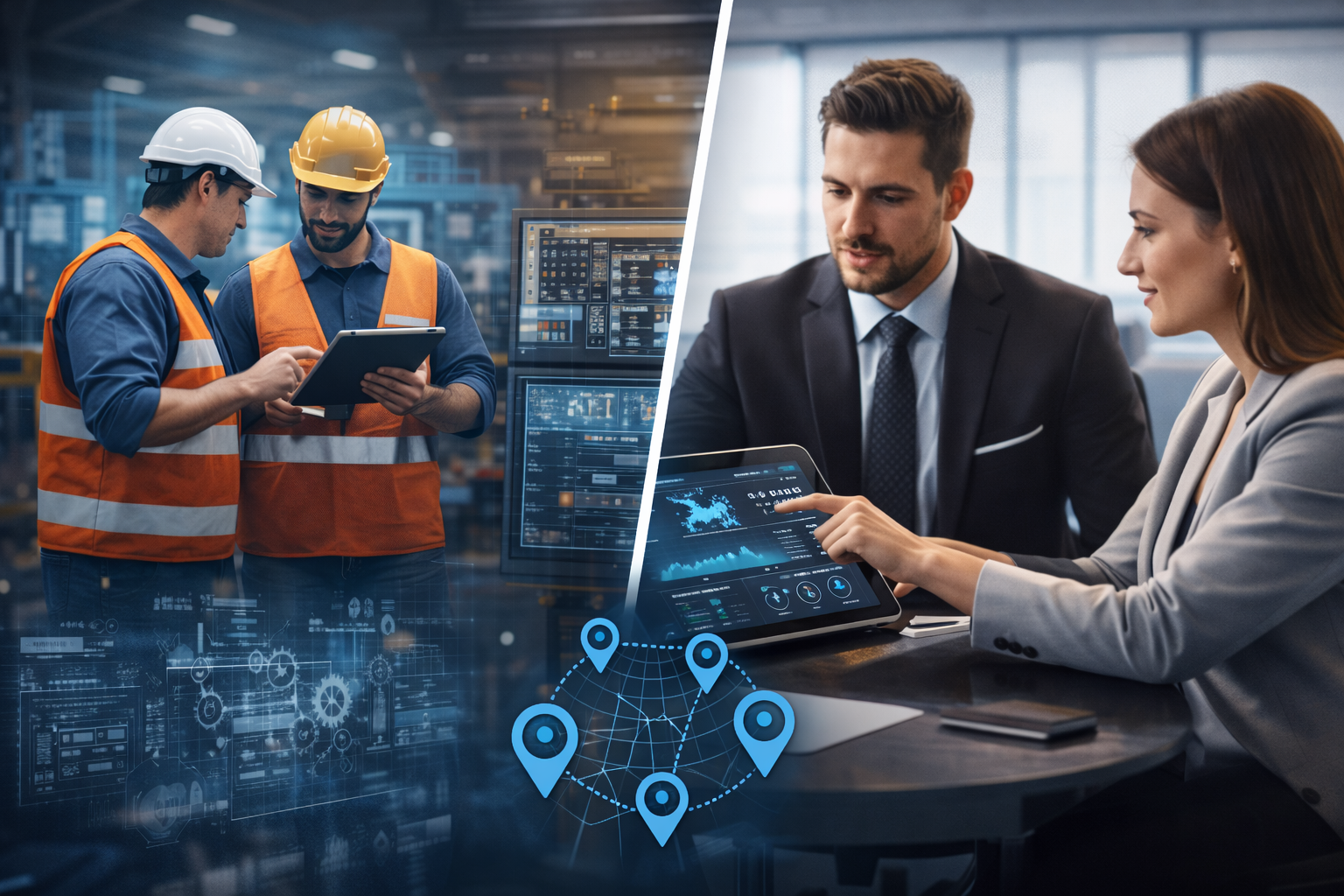 Split image showing two groups: on the left, two workers in safety vests and helmets reviewing digital data in a factory; on the right, two business professionals in suits discussing data on a tablet in an office.