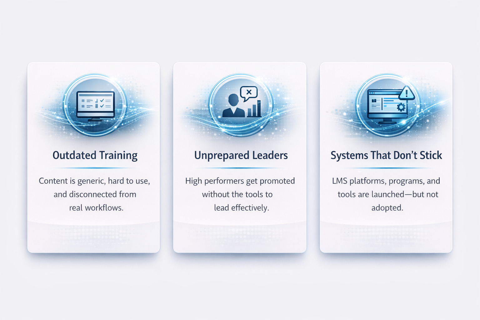 Three digital infographic cards with blue icons and white backgrounds. The first card shows a computer screen with a checklist, titled 'Outdated Training' with text about generic content. The second card features a person with a bar chart and a cross mark, titled 'Unprepared Leaders' with text about high performers. The third card displays a computer screen with a warning icon, titled 'Systems That Don't Stick' with text about LMS platforms.