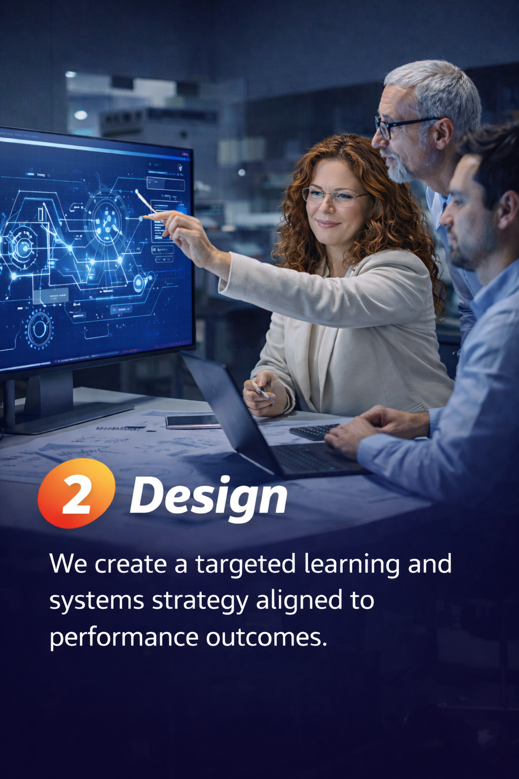 Three professionals collaborating in a high-tech office, analyzing a digital interface on a large monitor displaying system diagrams.