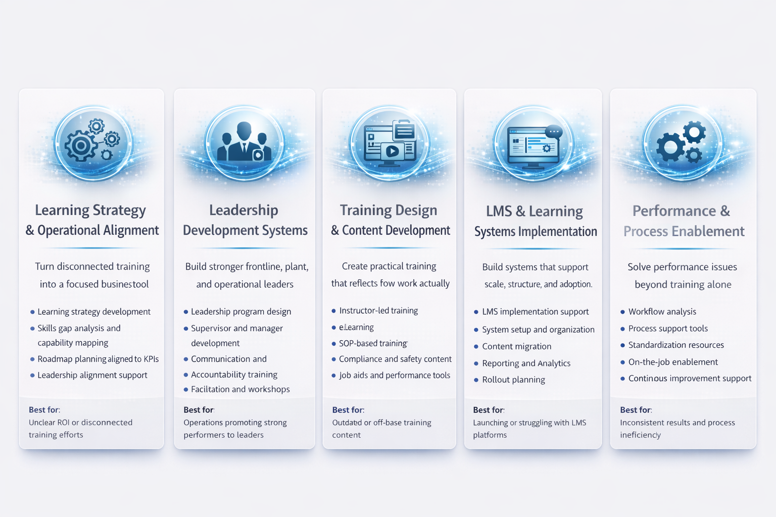 A digital infographic dashboard displaying five categories related to training and development: Learning Strategy & Operational Alignment, Leadership Development Systems, Training Design & Content Development, LMS & Learning Systems Implementation, and Performance & Process Enablement, each with descriptions and best-use cases.