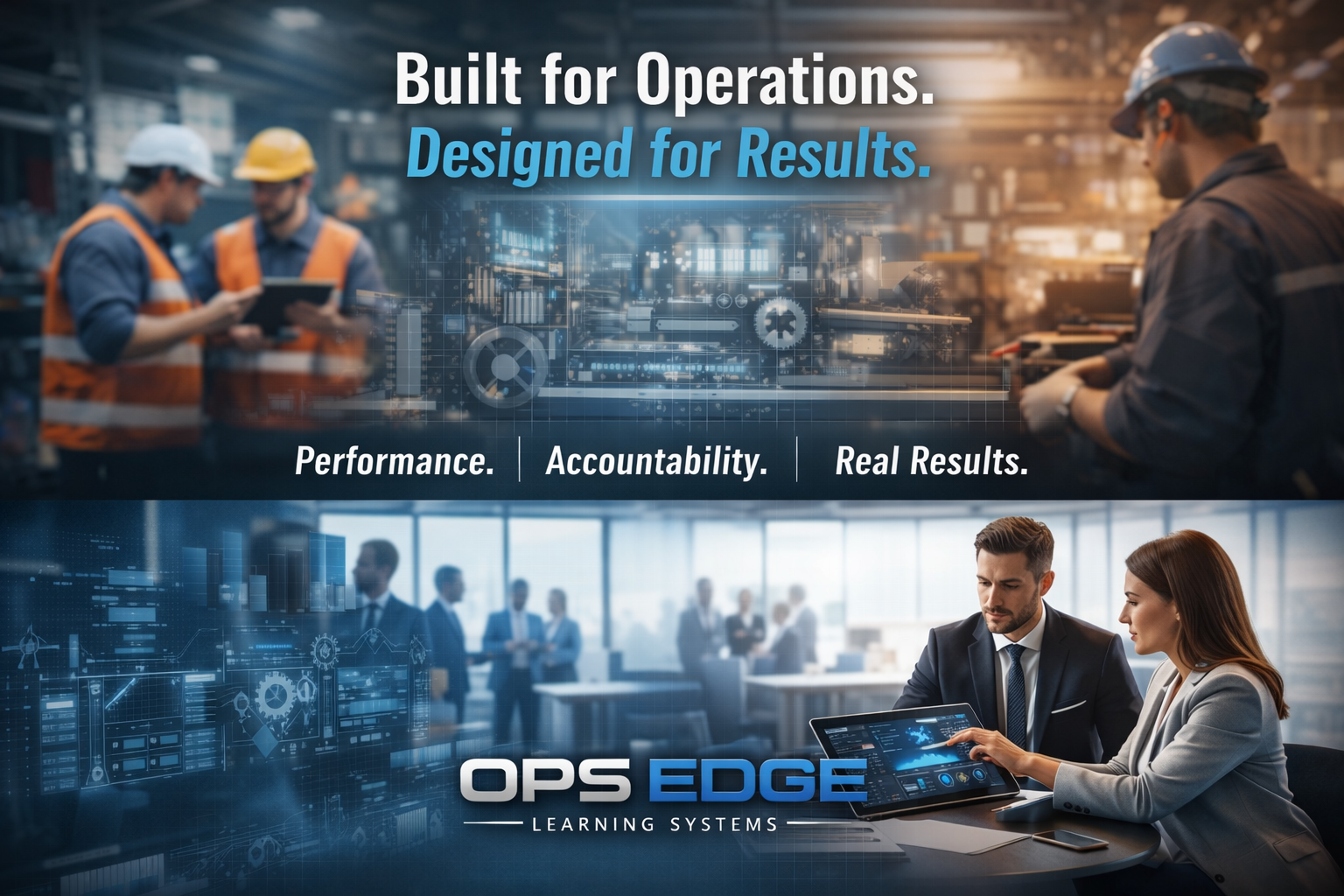 A promotional graphic featuring two sections. The top section shows workers in a factory wearing safety helmets and vests, with a digital overlay of technology and data. The text reads: "Built for Operations. Designed for Results." and "Performance. Accountability. Real Results." The bottom section displays a business meeting with professionals discussing data on a tablet, overlaid with digital graphs and charts, along with the OPS EDGE Learning Systems logo.