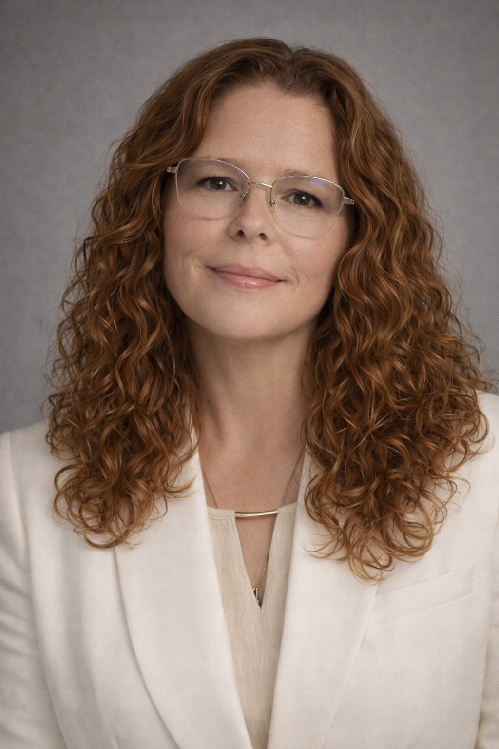 A woman with long, curly red hair and glasses, smiling softly, dressed in a white blazer and blouse, against a gray background.