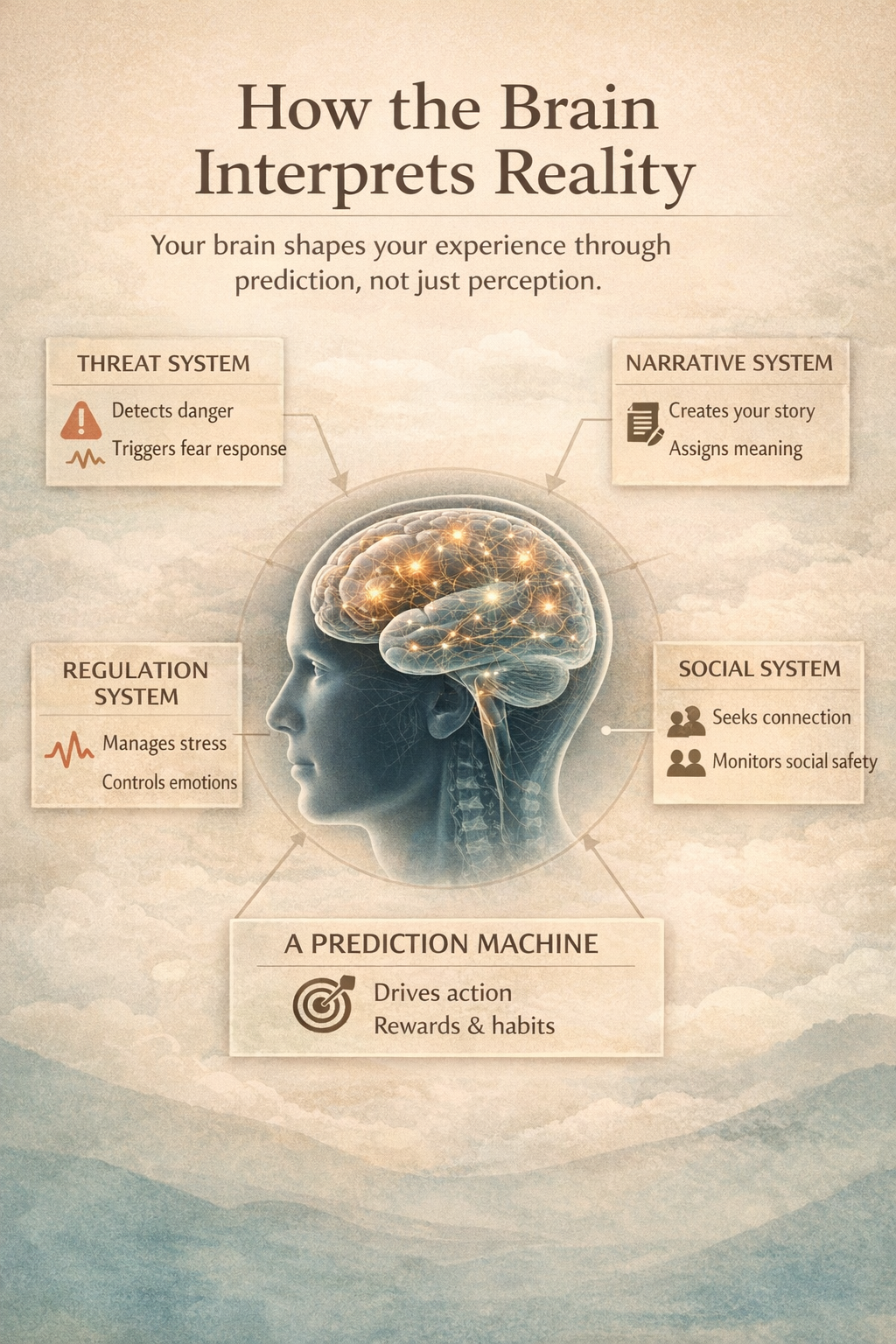 Diagram illustrating how the brain interprets reality, showing the threat, narrative, social, and regulation systems, and how they influence behavior and decision-making.