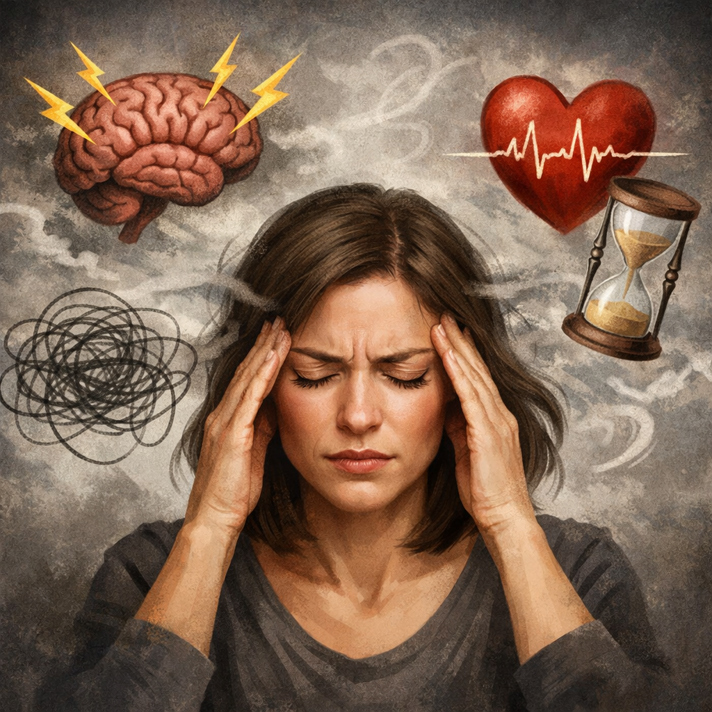 A woman holding her head in stress, with illustrations of a brain with lightning bolts, a tangled scribble, a heart with an ECG line, and an hourglass around her.