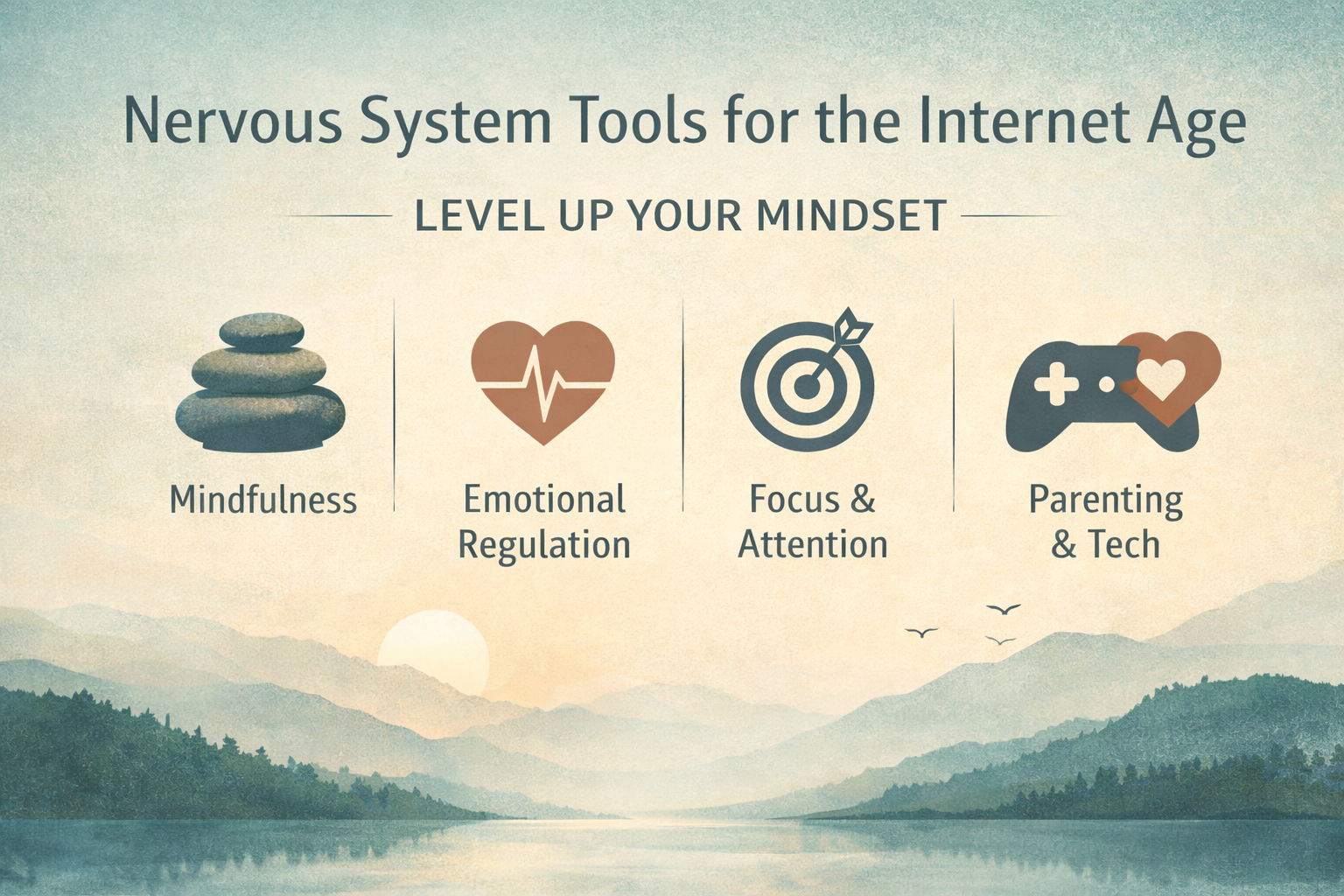 An infographic titled 'Nervous System Tools for the Internet Age' with four icons and labels: stacked stones labeled 'Mindfulness,' a heart with a heartbeat line labeled 'Emotional Regulation,' a target with an arrow labeled 'Focus & Attention,' and a gaming controller with a heart symbol labeled 'Parenting & Tech.'