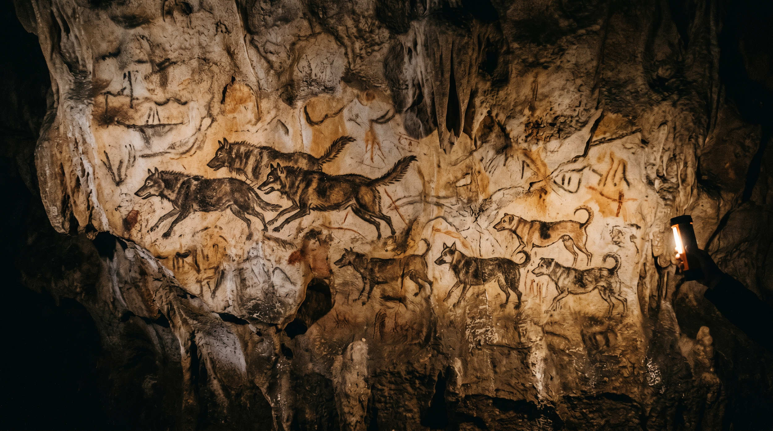 Cave painting of multiple wild animals, including wolves and a dog, on a rock surface with a flashlight.