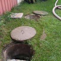 A small garden or backyard with a grassy area, a pink fence, and three large flat stone stepping stones leading to a hole in the ground, which is partially covered by a curved white pipe.