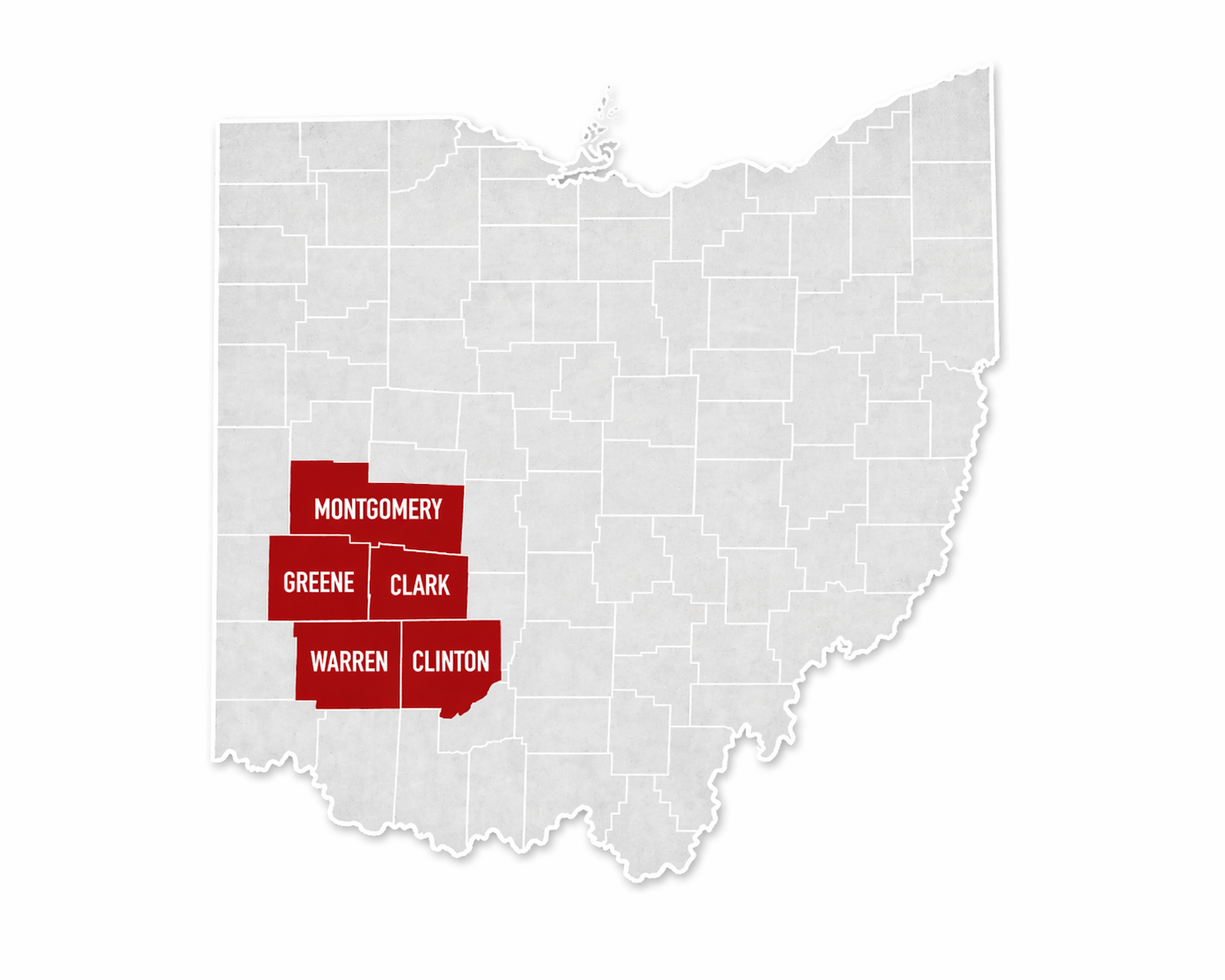 Map of Ohio highlighting six counties in the southwest corner: Montgomery, Greene, Clark, Warren, Clinton, and Hamilton, with county names in white text on red background.