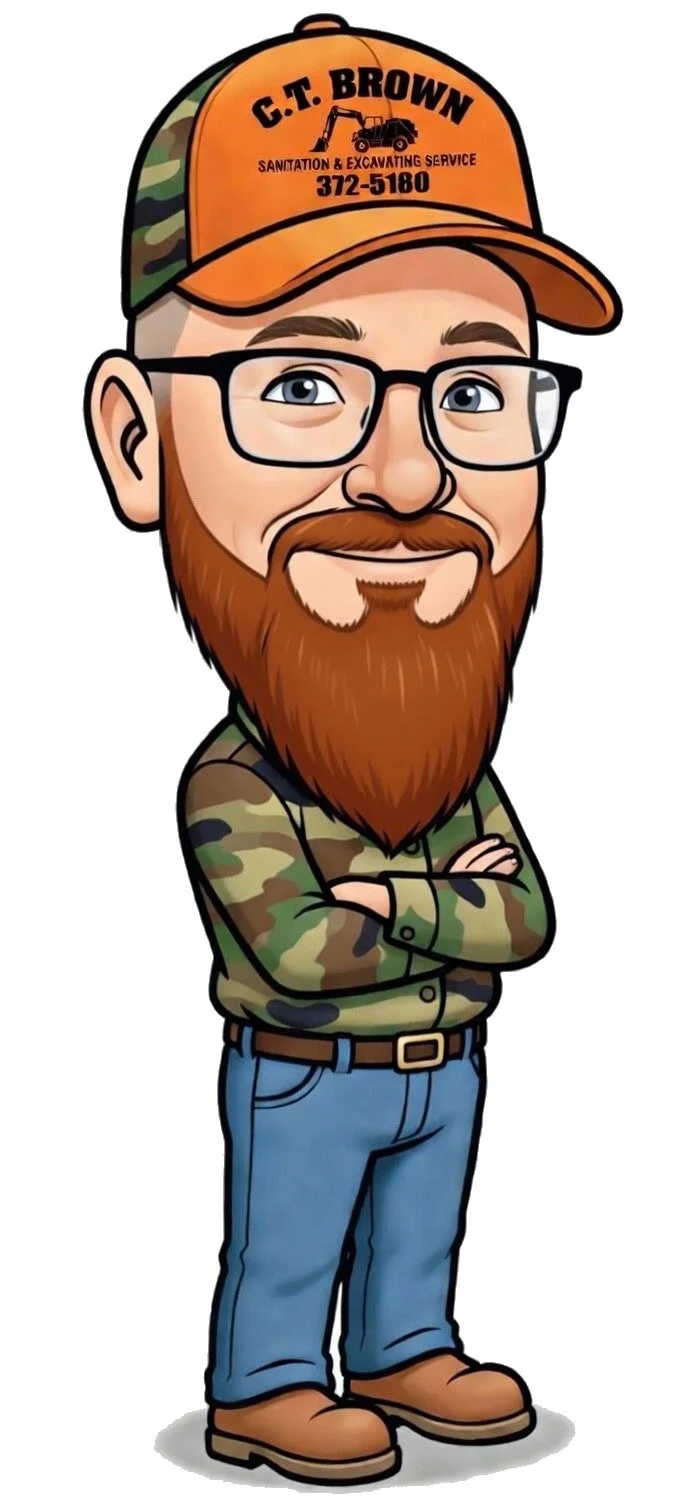 Cartoon man with red beard and glasses wearing a camouflage baseball cap with orange front that has business info, a camouflage long sleeve shirt, blue jeans, and brown boots, standing with arms crossed.