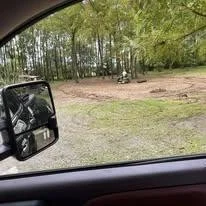 View from inside a vehicle showing a dirt path through a wooded area with trees in the background. Part of the side mirror is visible.