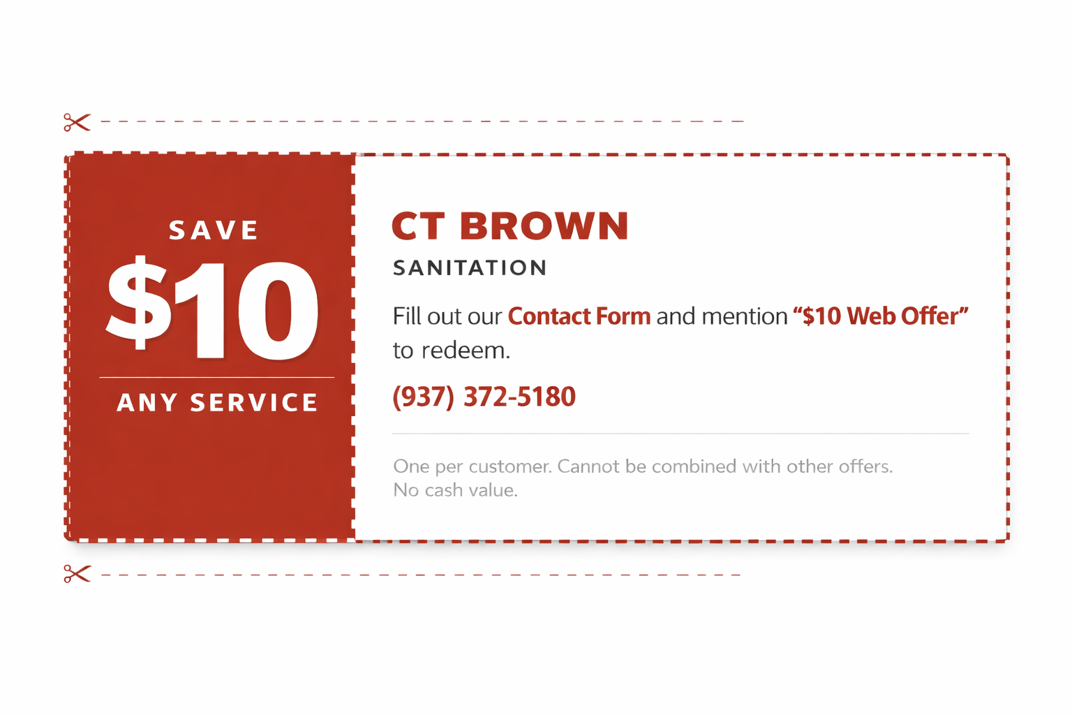 Coupon offering $10 off any service at CT BROWN SANITATION, with instructions to fill out a contact form and mention '$10 Web Offer', includes phone number (937) 372-5180, and notes one per customer, no cash value.