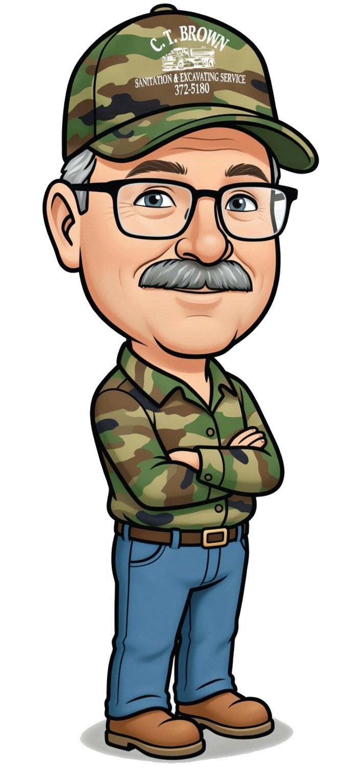Cartoon illustration of a man in camouflage clothing with crossed arms, wearing glasses and a cap. The cap has the text 'C.T. BROWN SANITATION & EXCAVATING SERVICE 372-5180' and a truck logo.