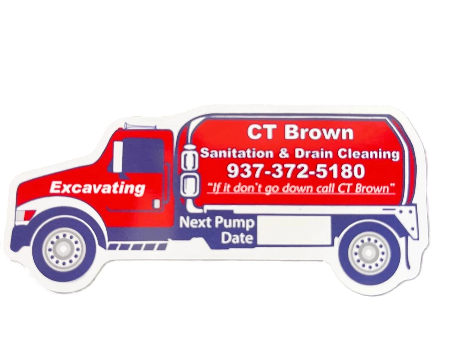 Sticker of a fire truck with advertising for a sanitation and drain cleaning service, displaying the company name, phone number, and slogan.