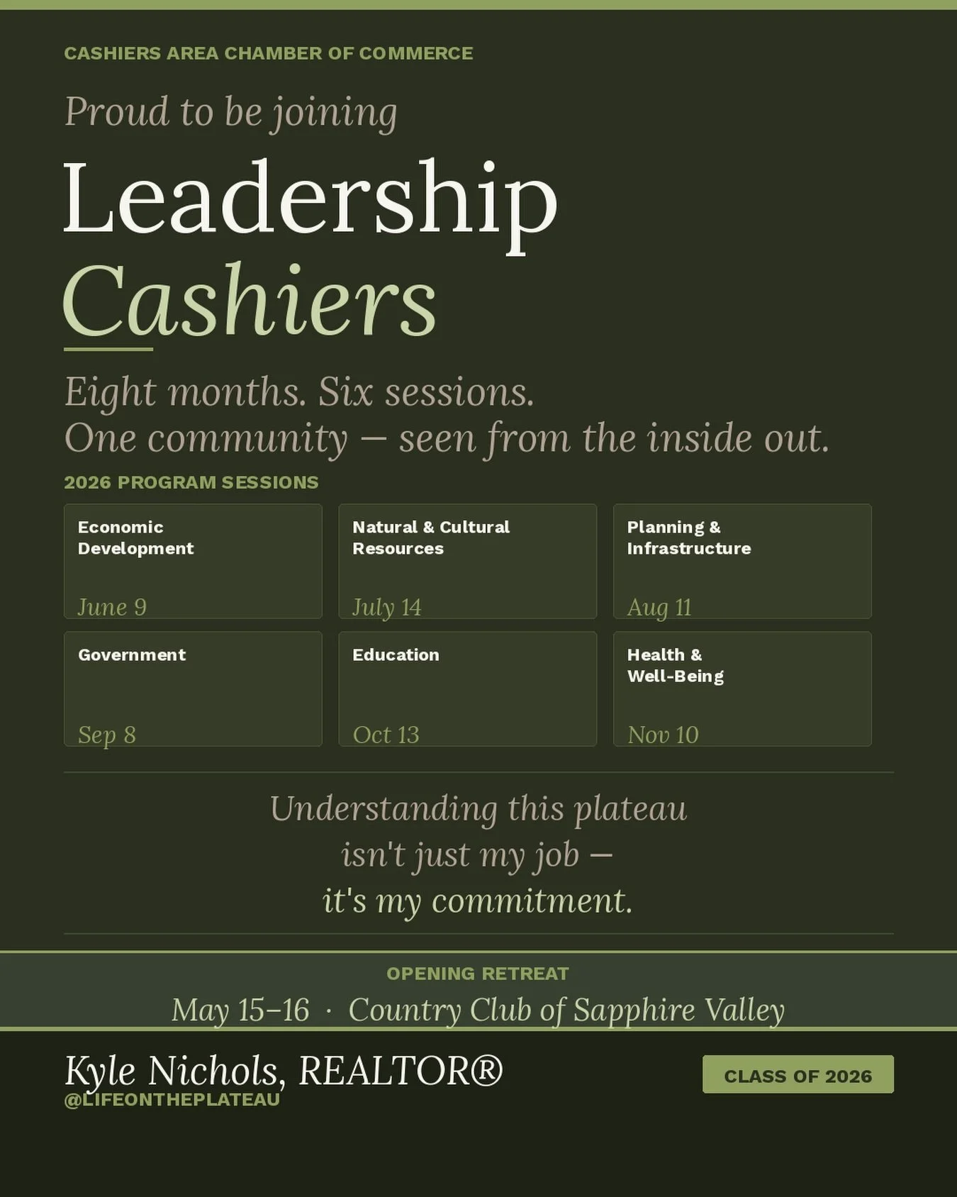 Thrilled to share that I&rsquo;ve been accepted into the 2026 Leadership Cashiers cohort. 🌿
One of the most meaningful things I can offer someone considering a move to the Highlands-Cashiers Plateau isn&rsquo;t just market knowledge &mdash; it&rsquo