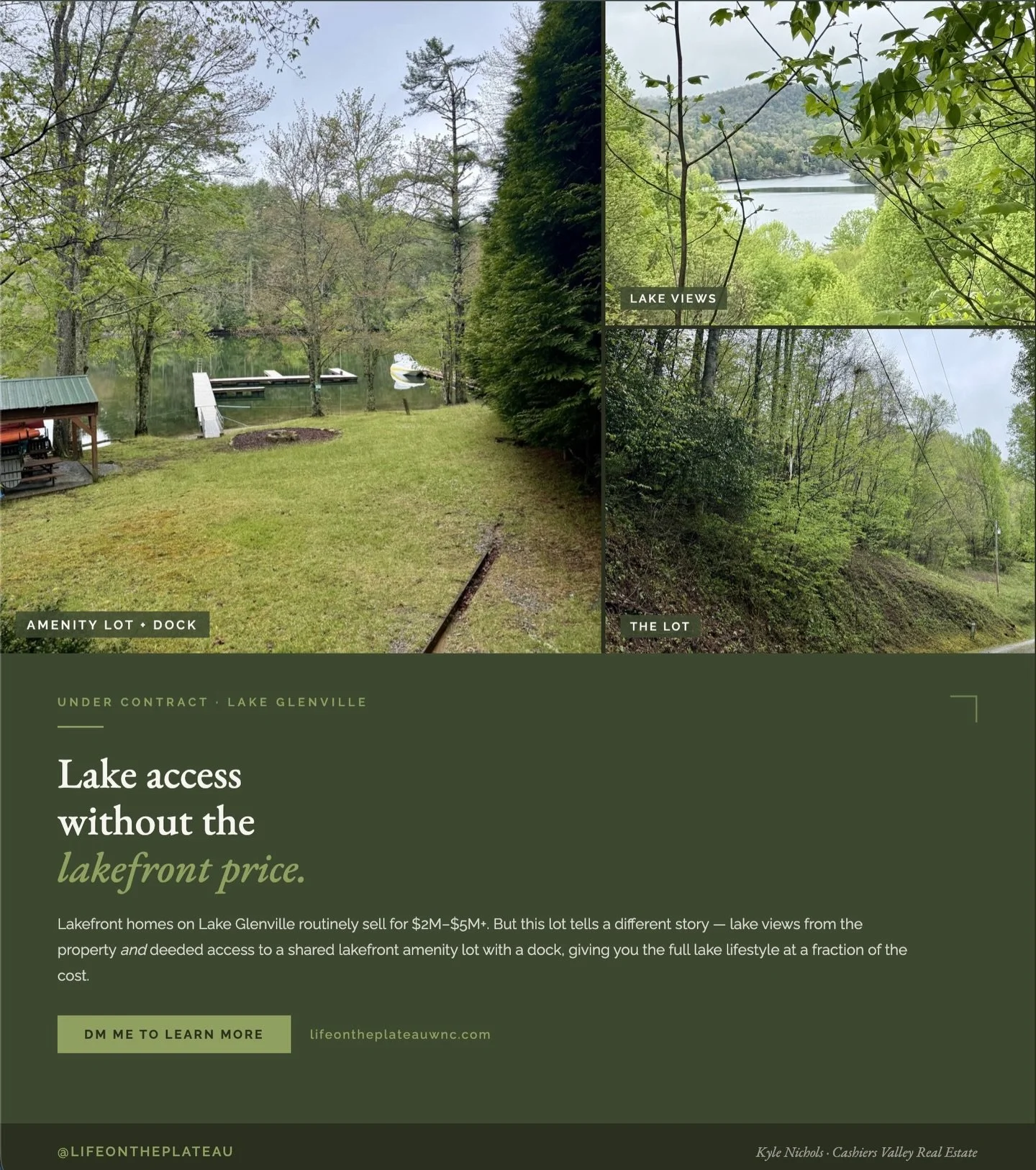 🏔️ Lake Glenville access &mdash; without the lakefront price tag.
I just got this lot under contract, and it checks a lot of boxes that are hard to find in this market: lake views from the property and deeded access to a shared lakefront amenity lot