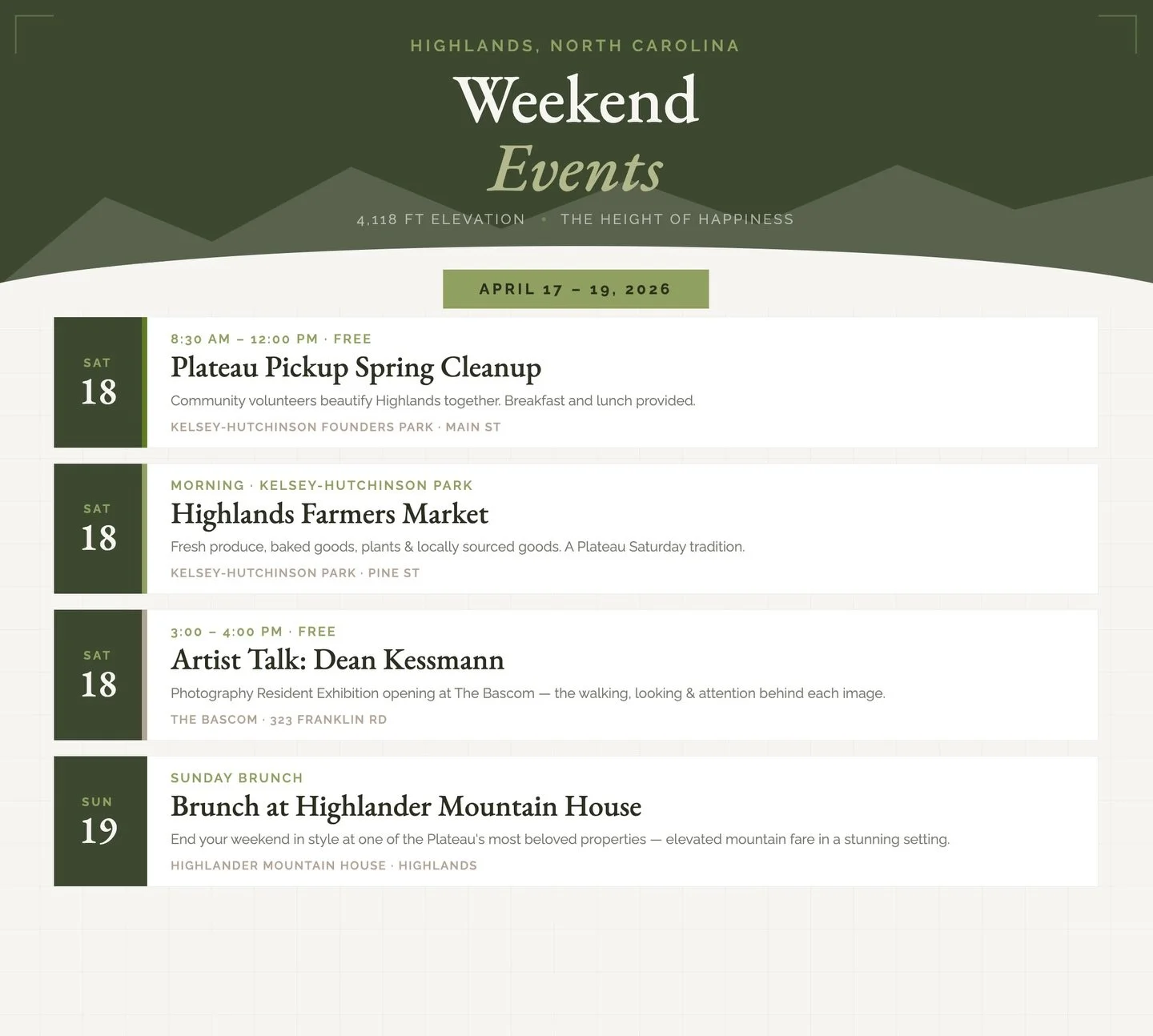 **Your Highlands&ndash;Cashiers weekend lineup is here 🏔️🎶**

Two towns, one incredible weekend on the Plateau. Here&rsquo;s what&rsquo;s happening:

🌿 **Plateau Pickup** &mdash; Highlands, Sat 8:30AM
Community cleanup at Founders Park. Free break