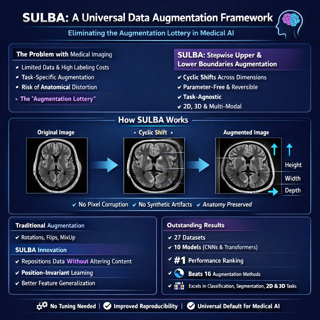 An infographic explaining SULBA, a data augmentation framework for medical AI. It highlights problems with medical imaging, such as limited data and distortion, and details how SULBA improves image augmentation through cyclic shifts, superior results, and multiple datasets and models.