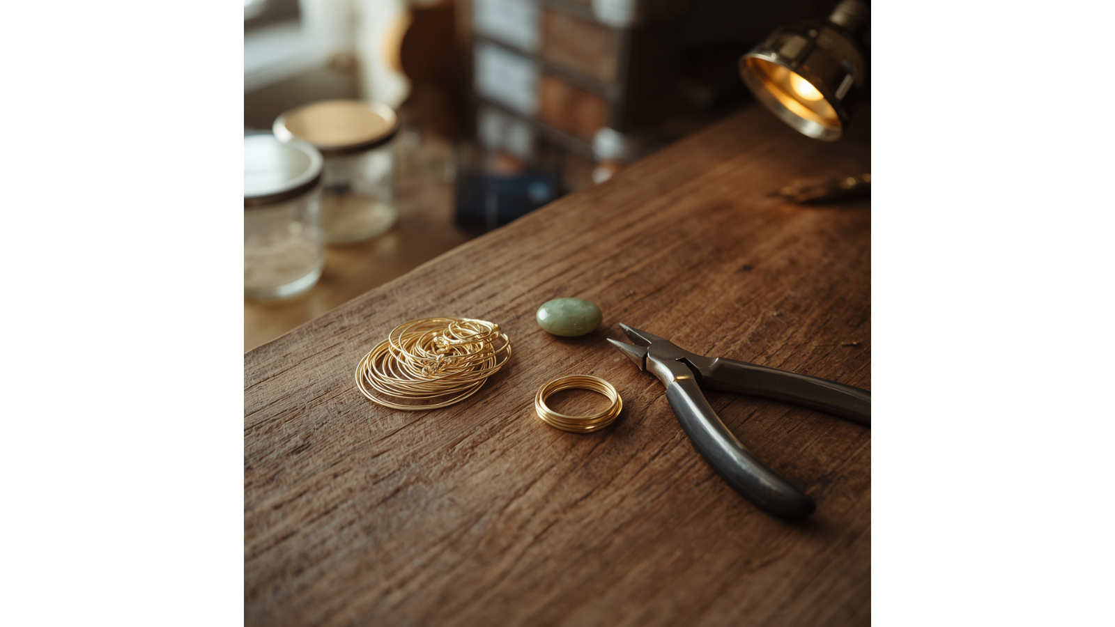 Gold jewelry including earrings and rings, a green stone, and jewelry pliers on a wooden surface with a jewelry display and jars in the background.