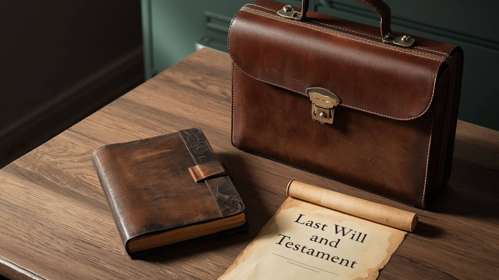 A wooden table with a brown leather briefcase, a worn journal, and an aged, torn document titled 'Last Will and Testament'.