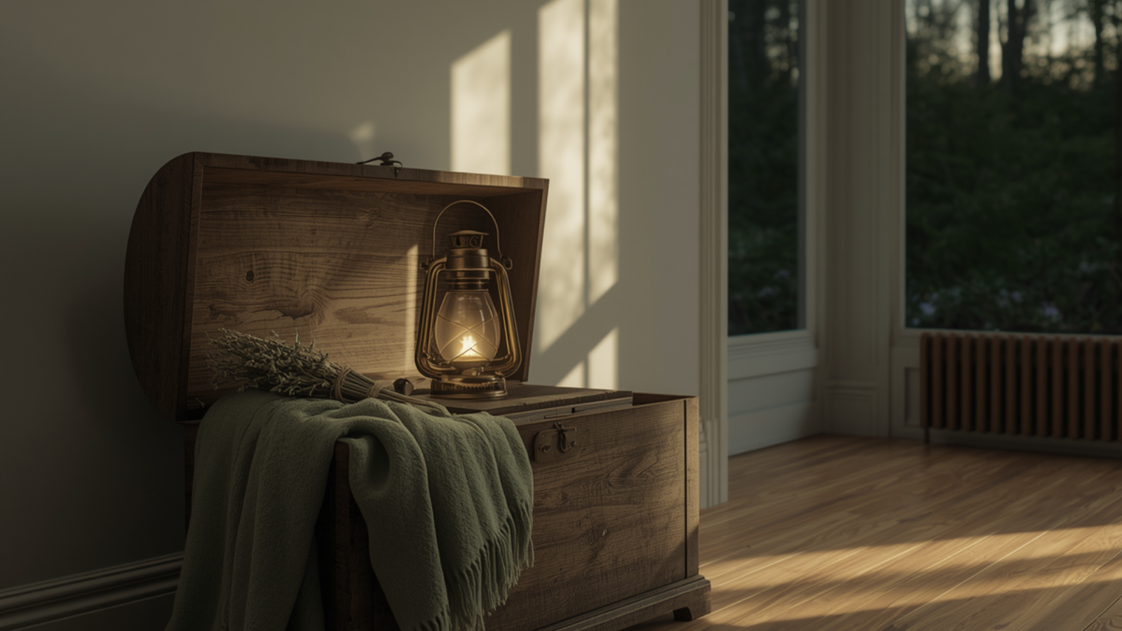An open chest filled with life's mementos and a lantern sits in an empty room of an empty home of a family who is coping with grief of the loss of a loved one and seeks guidance on how to move forward with the loss