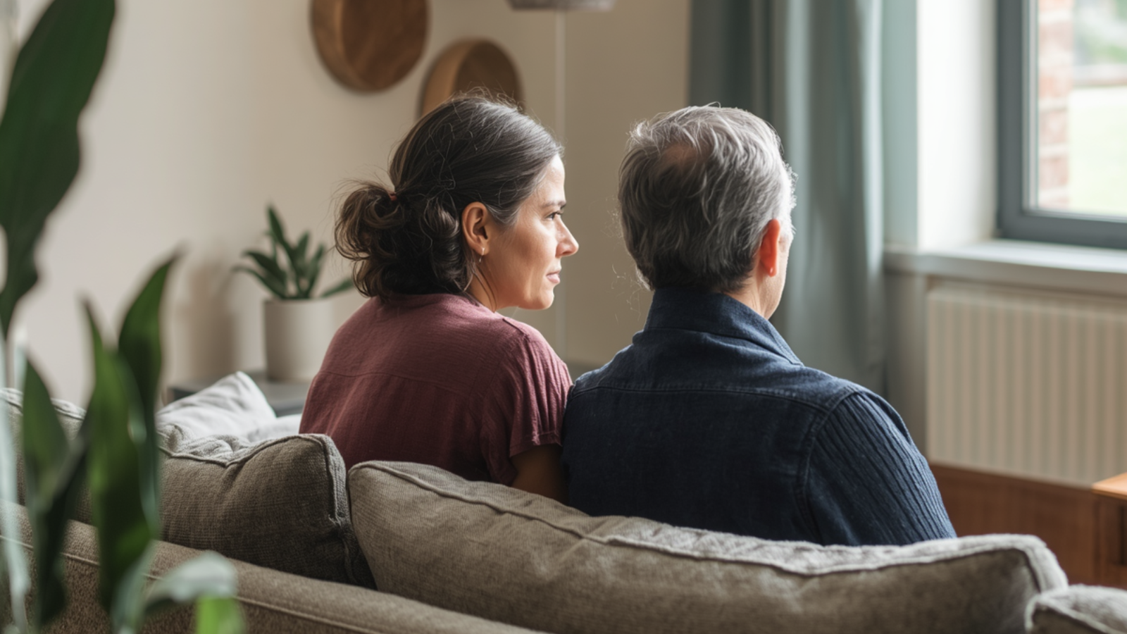 A woman and a man sitting on a couch, the woman providing comfort to the man during grief and loss