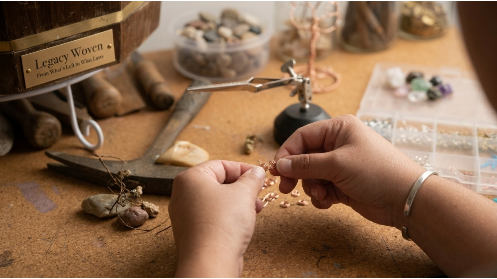 legacy woven jeweler making custom artisan jewelry at her bench with stones, wire and jewelry supplies