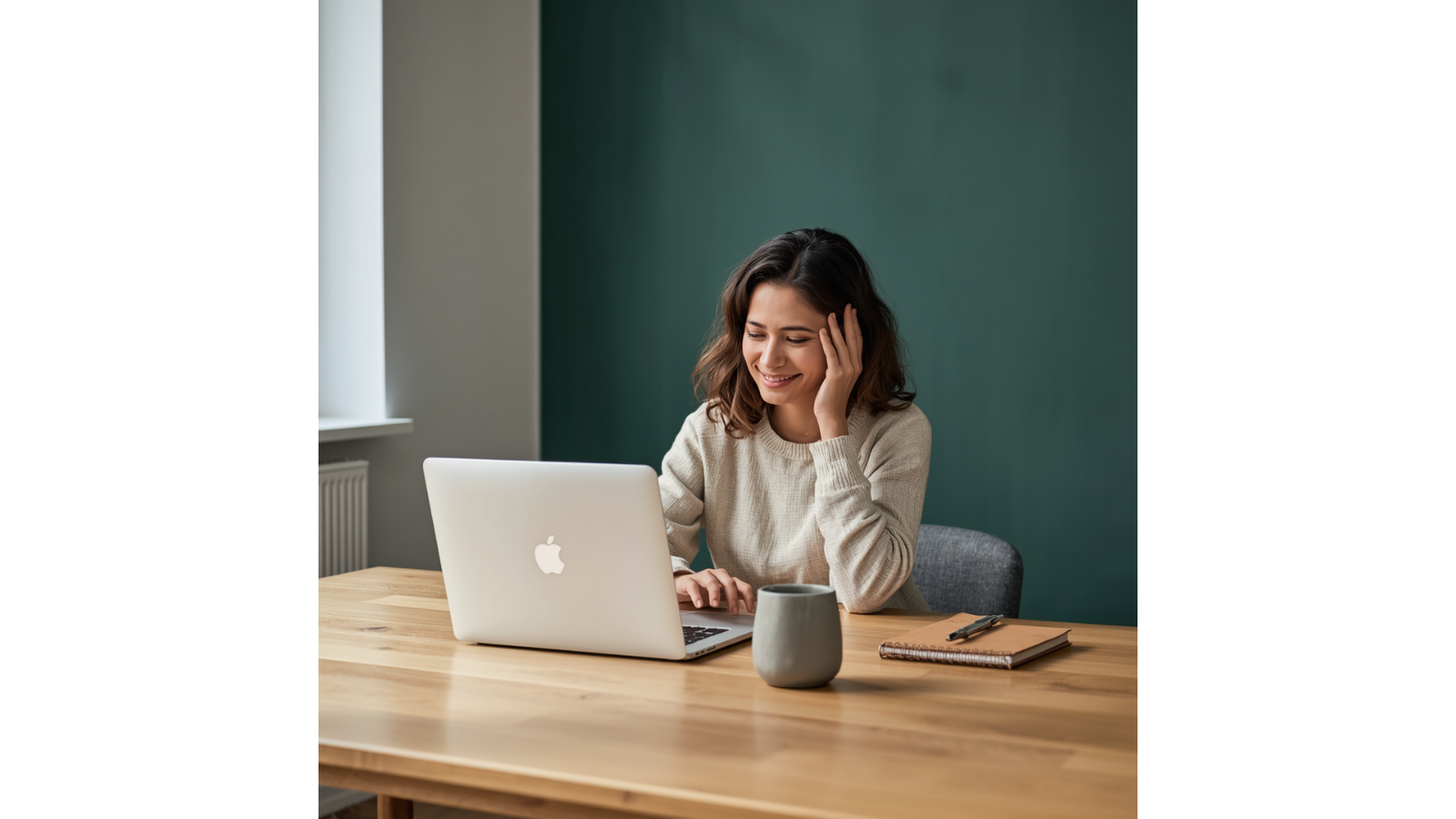 A woman sitting at a wooden desk looking at a laptop, smiling, having an "aha!" moment, learning about death and grief in a safe space