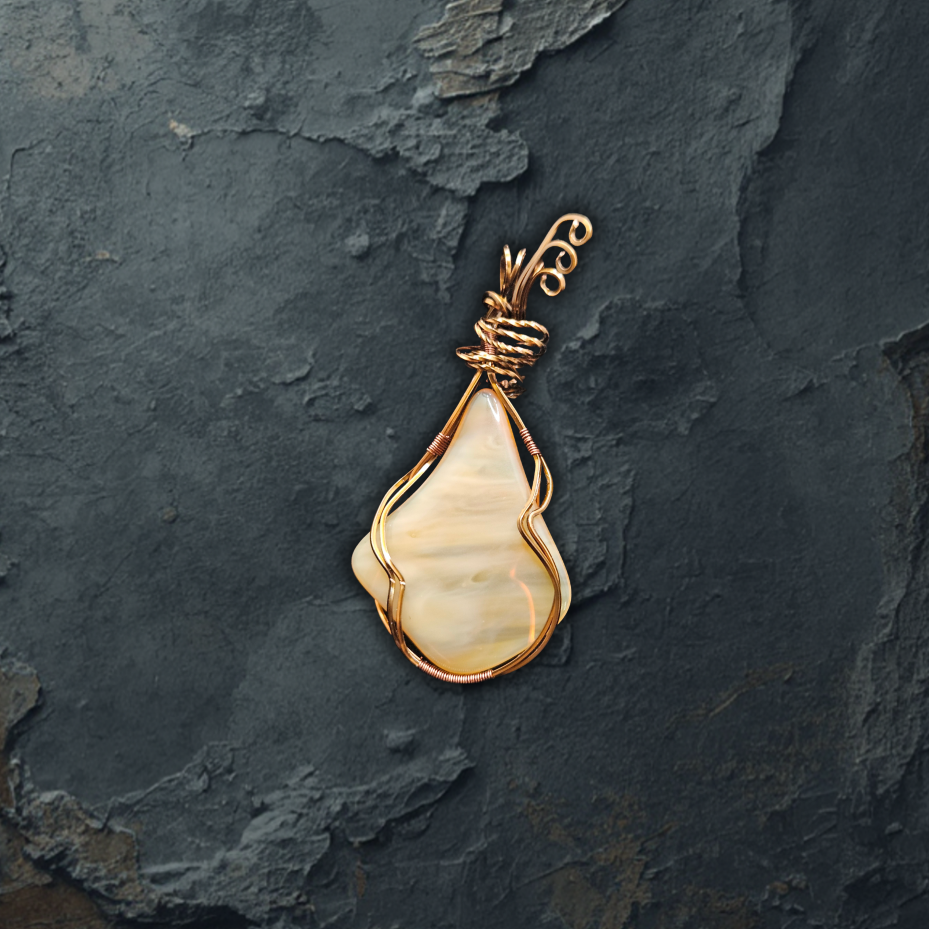 artisan wire wrapped Cream slag glass pendant necklace in oxidized copper