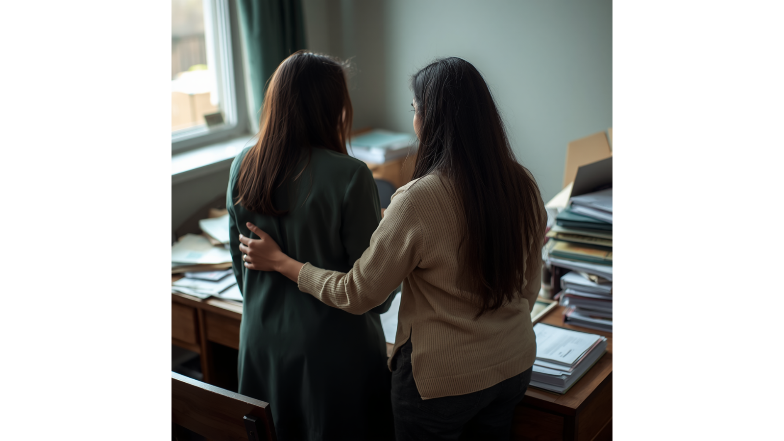 Two women in an office, surrounded by stacks of papers and folders, with one providing the other comfort and guidance during the overwhelm of estate management and grief.