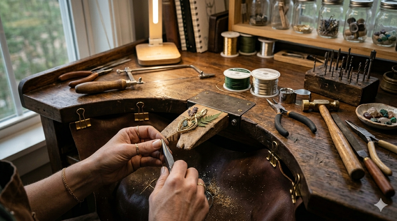 Hands working on jewelry making at a cluttered wooden workbench with tools, wire, and decorative jewelry pieces.