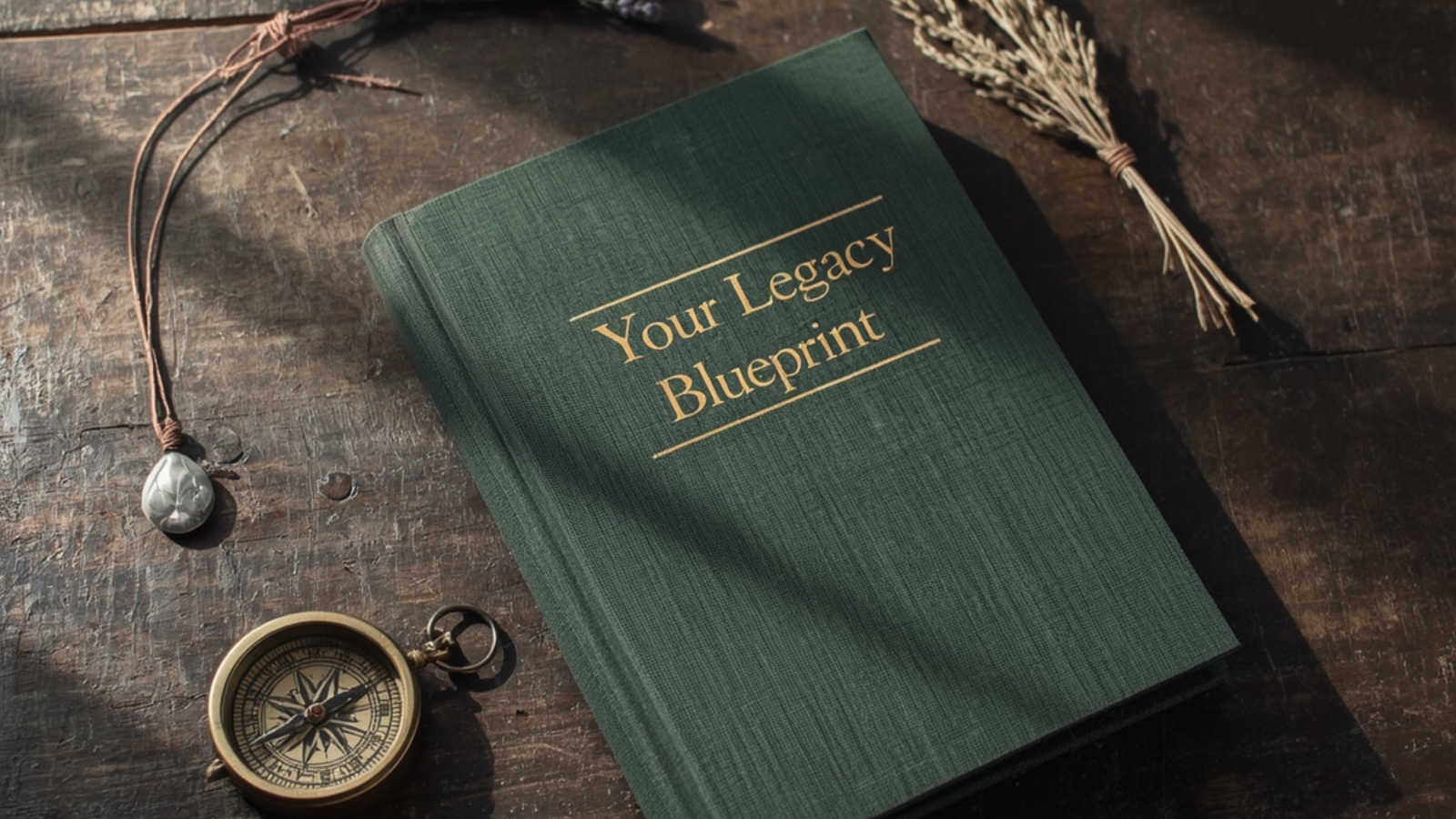end of life planner, a compass for grief direction and a keepsake piece of jewelry on a wooden desk