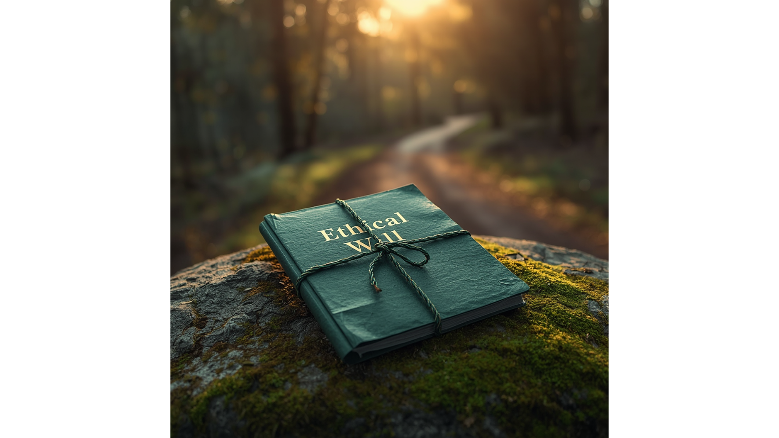 A document titled 'Ethical Will' is placed on a moss-covered rock as a legacy end of life tell your story project