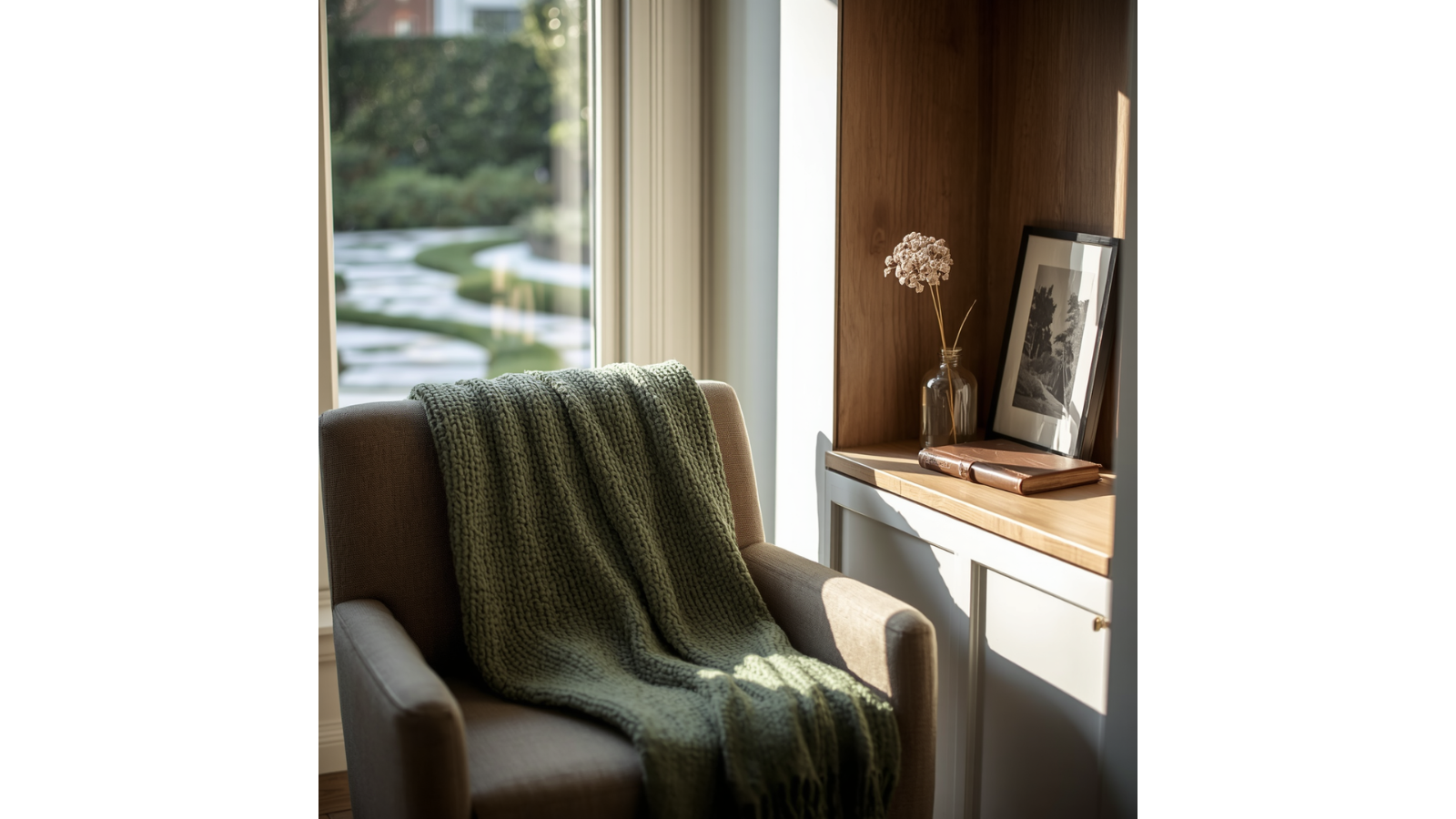 A cozy armchair in a warm corner of a room  where a person navigating grief can work through their loss and understand it