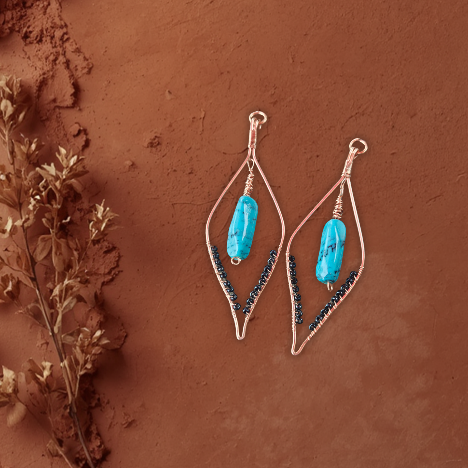artisan wire wrapped Copper earring with turquoise beads