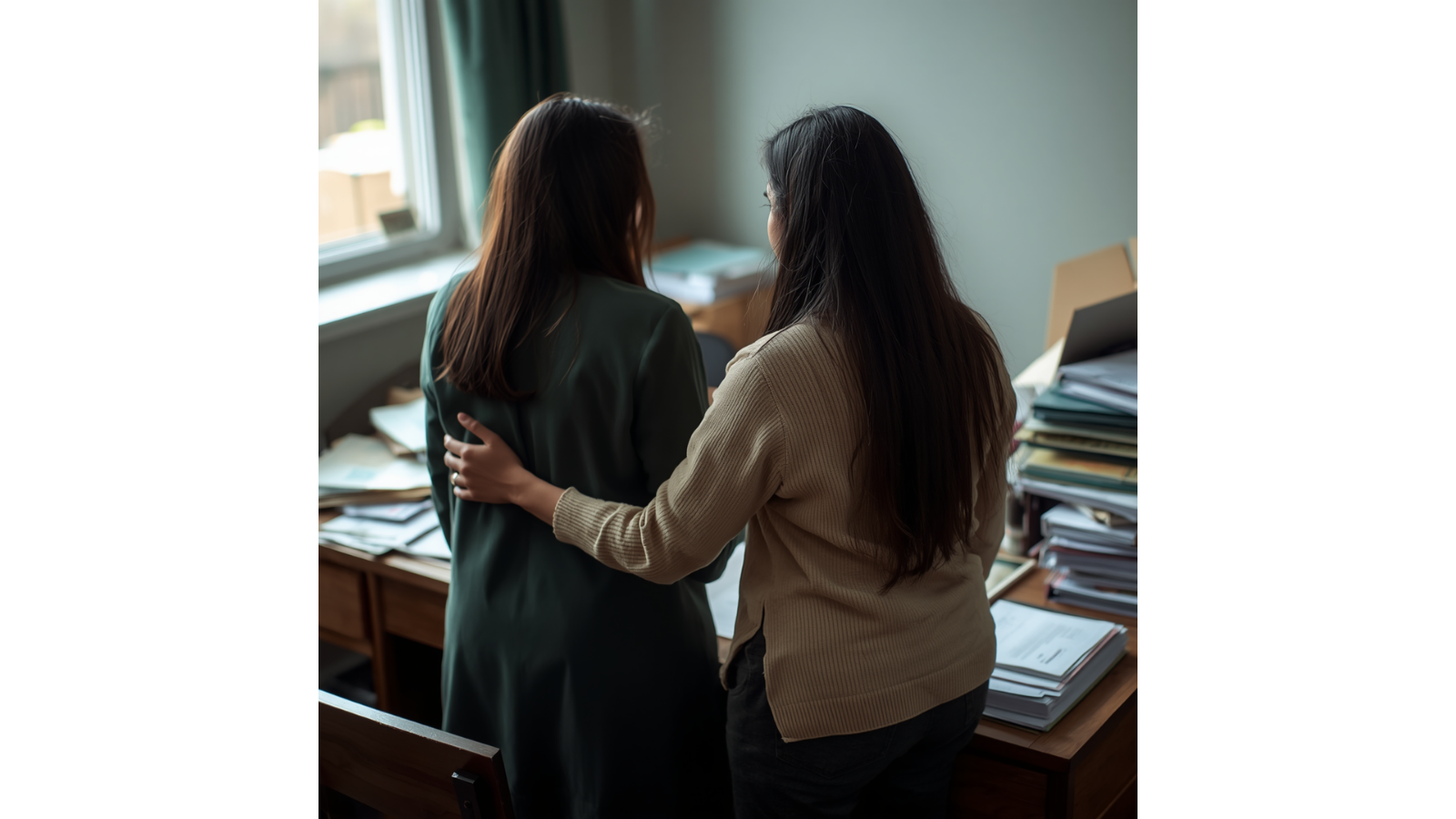 Two women in an office, surrounded by stacks of papers and folders, with one providing the other comfort and guidance during the overwhelm of estate management and grief.