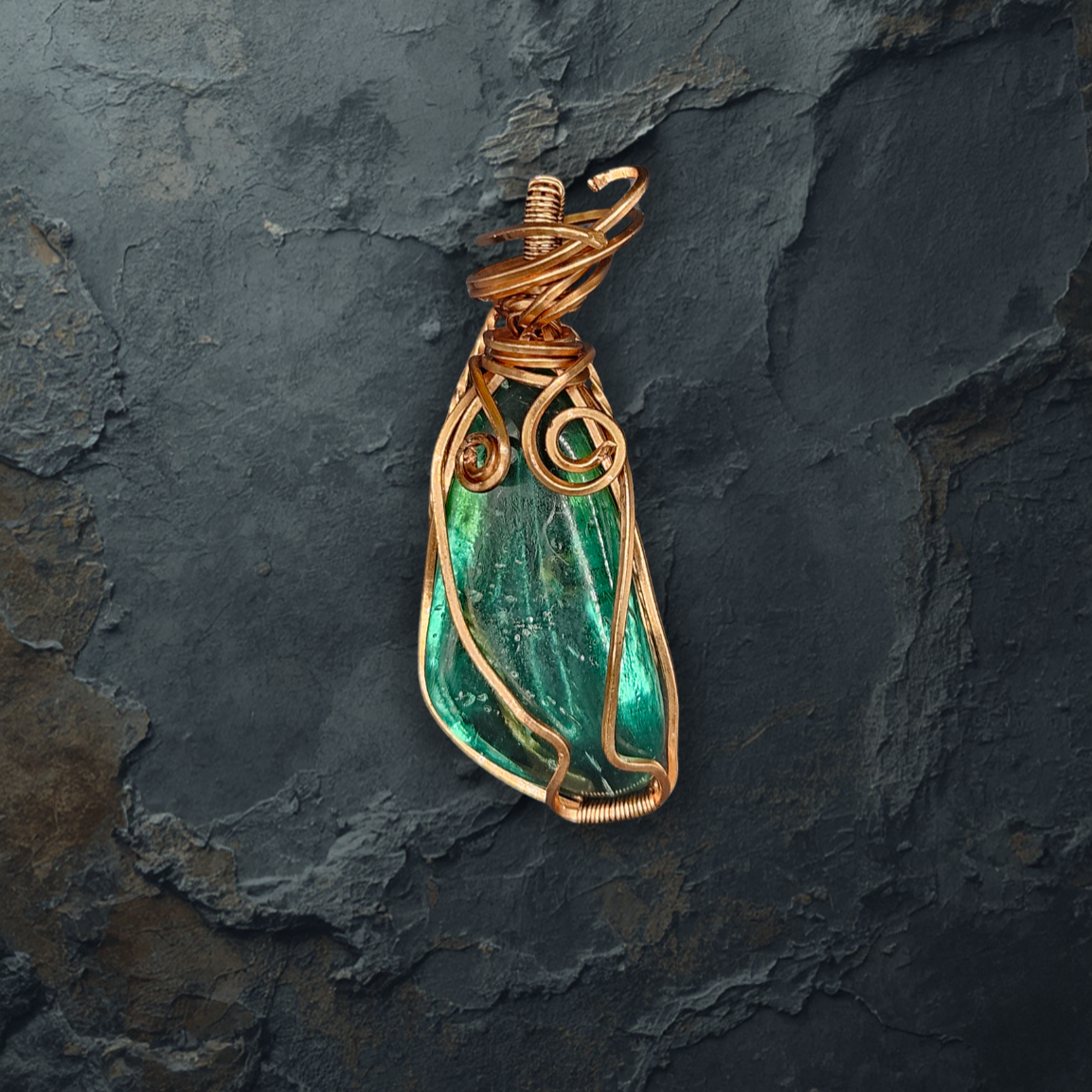 artisan Green glass pendant necklace in oxidized copper wire wrap