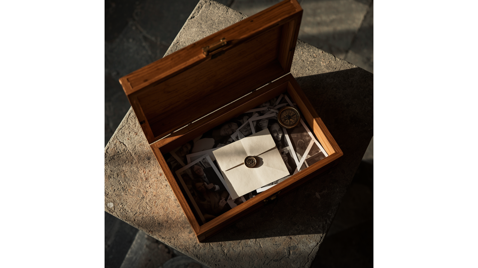 A keepsake box full of photos ready to be organized into a legacy end of life story project