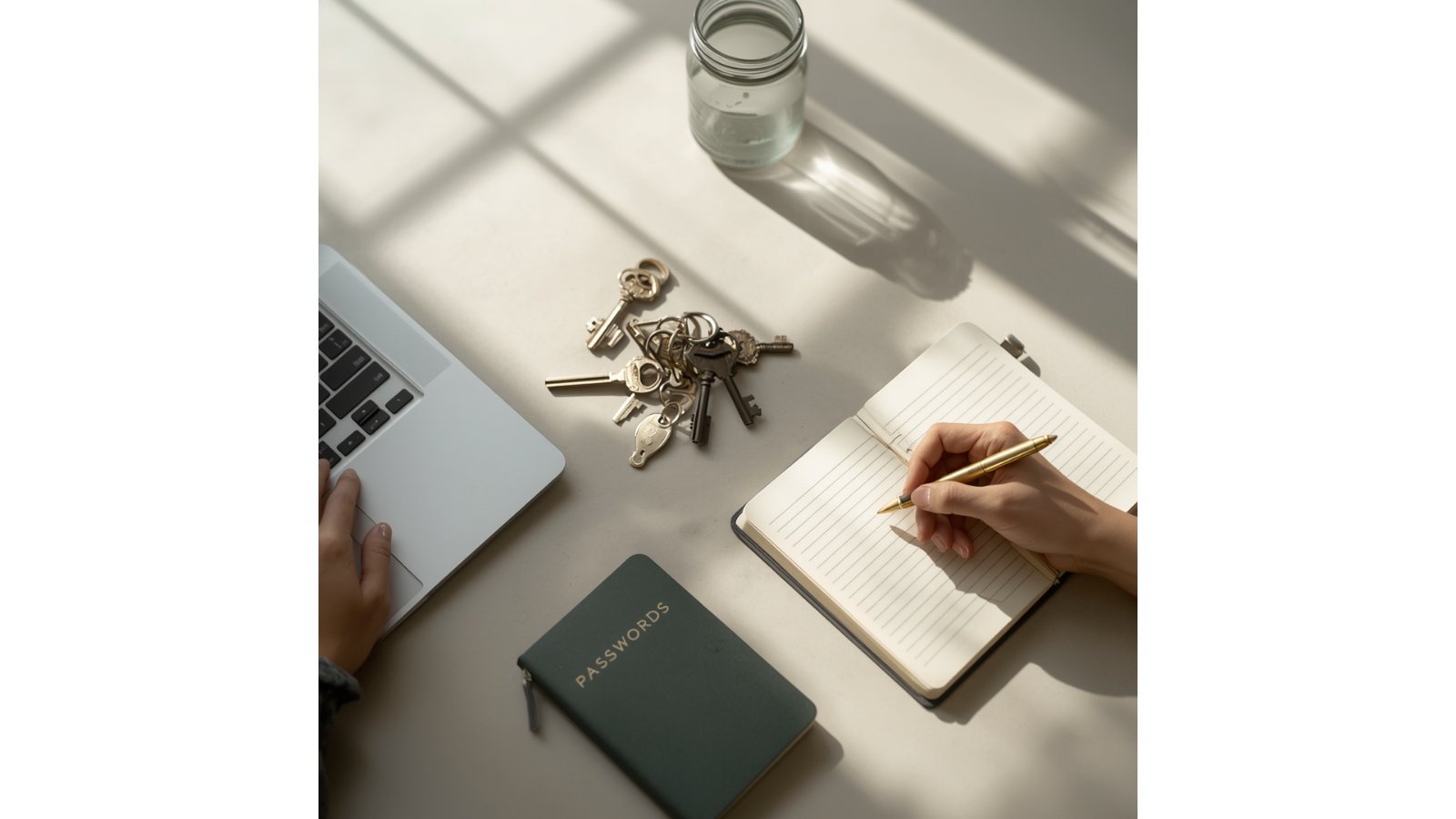 Organized keys next to a book of a passwords next to an open notebook doing non legal estate planning to begin creating their end of life plan to prepare their loved ones beyond a will