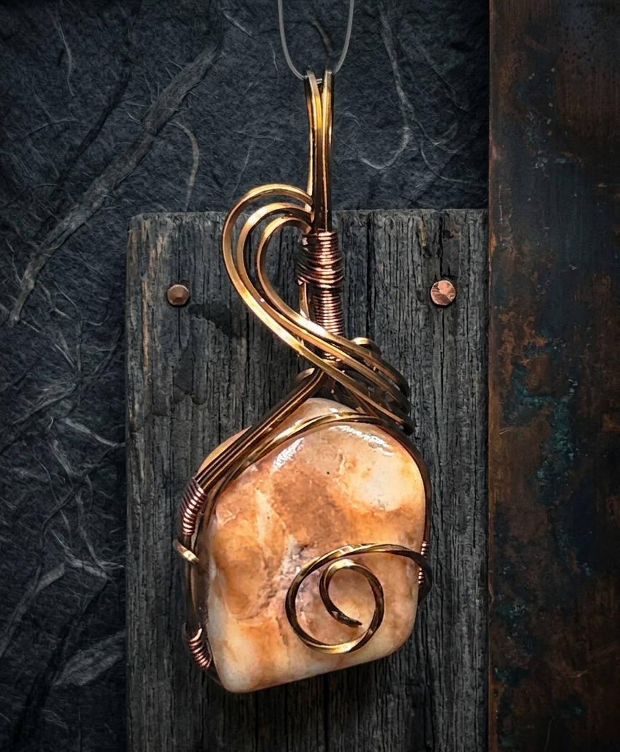 Pendant made with a large polished stone wrapped in gold-colored wire, hanging from a wire loop.