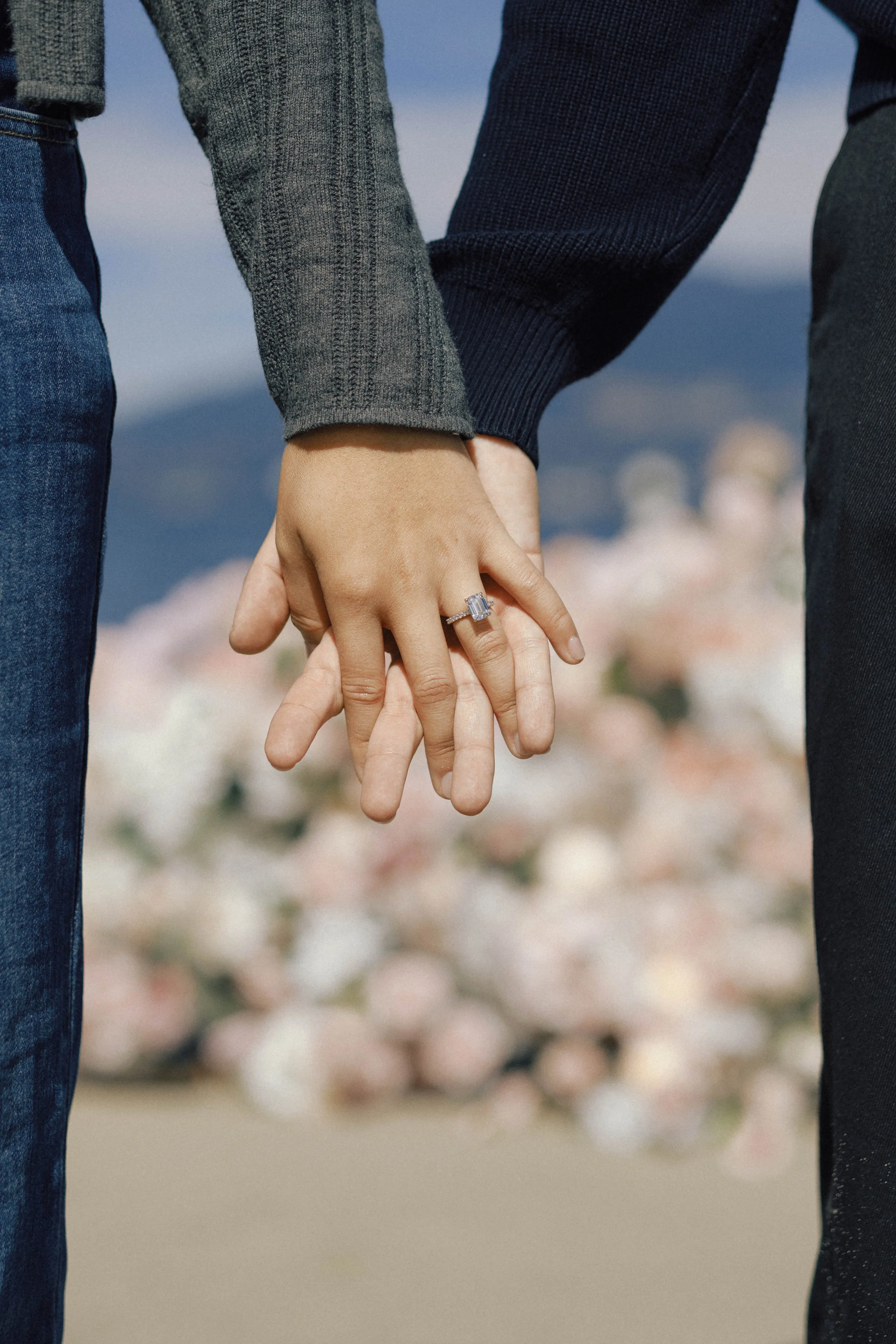 Two people holding hands, one wearing a gray sweater and the other wearing a dark sweater, with a blurred background of pink cherry blossoms.
