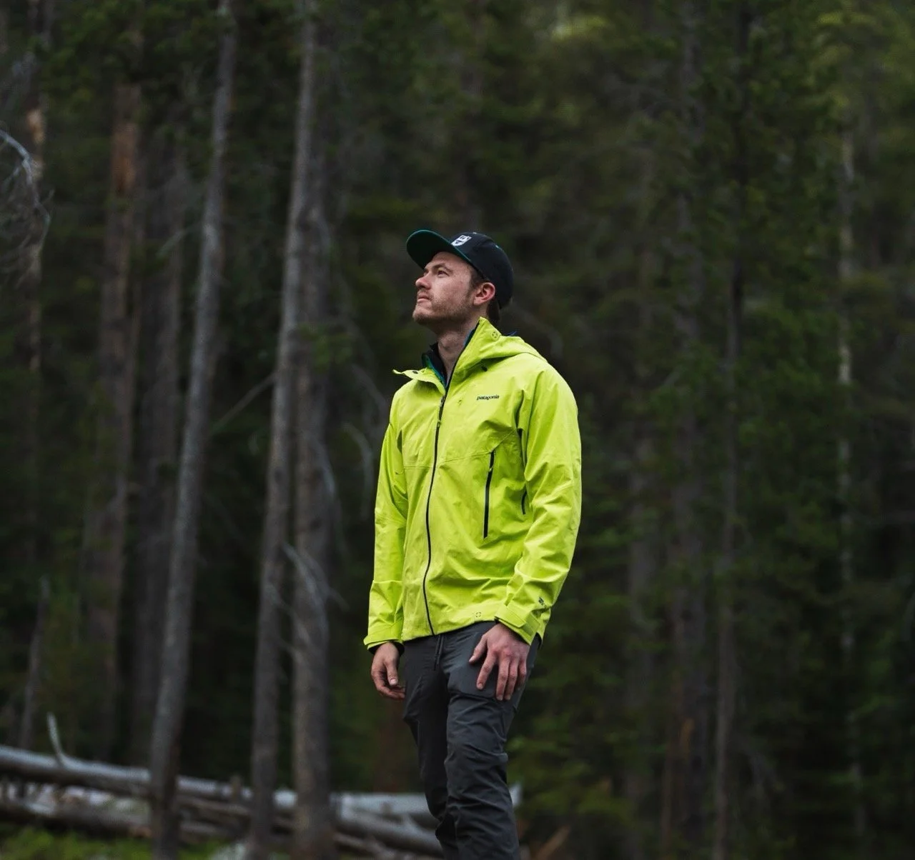 A man wearing a bright yellow outdoor jacket and black cap standing in a forest with tall trees and green foliage.