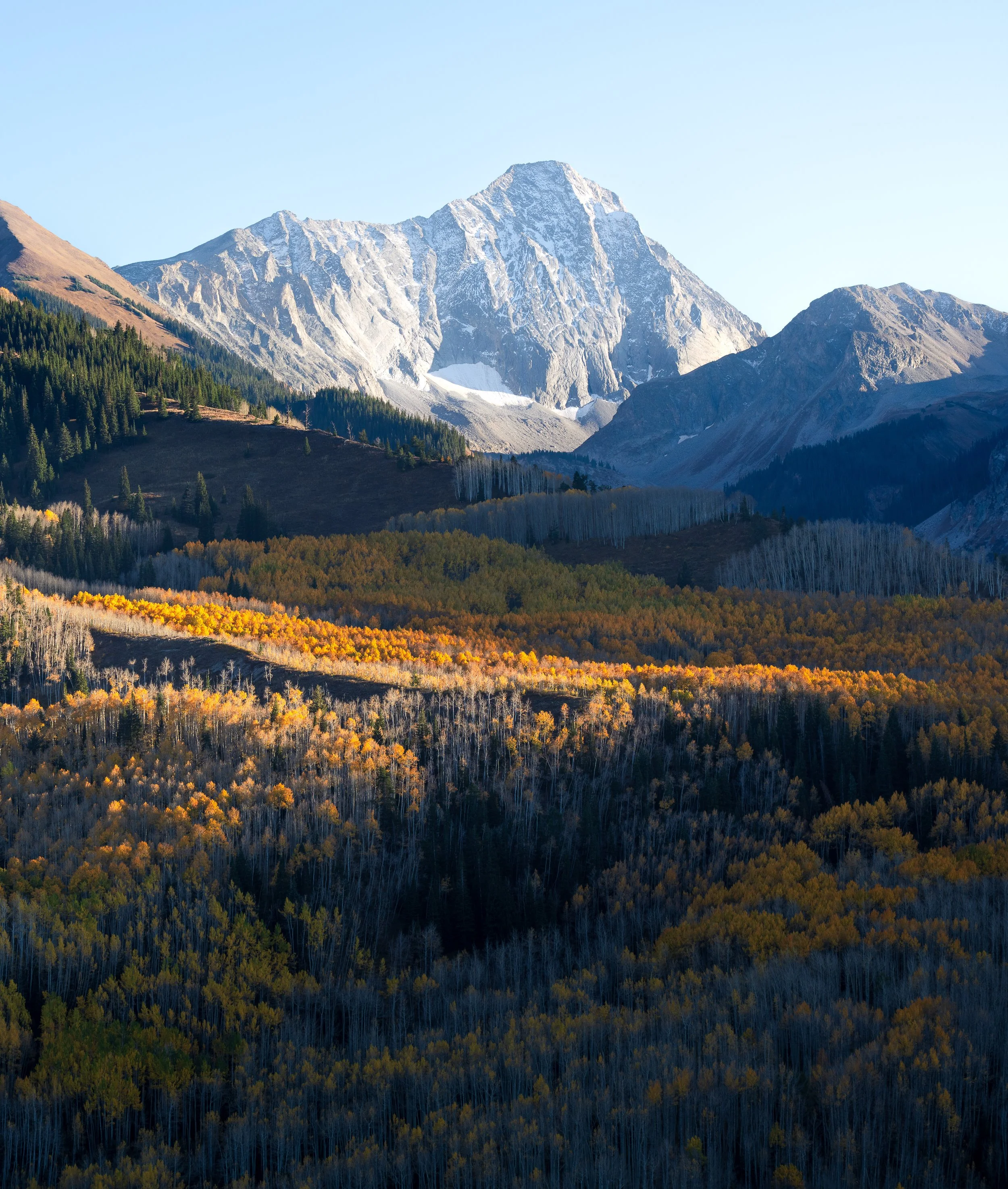 Snow-capped mountains with a forest of trees in fall colors below.